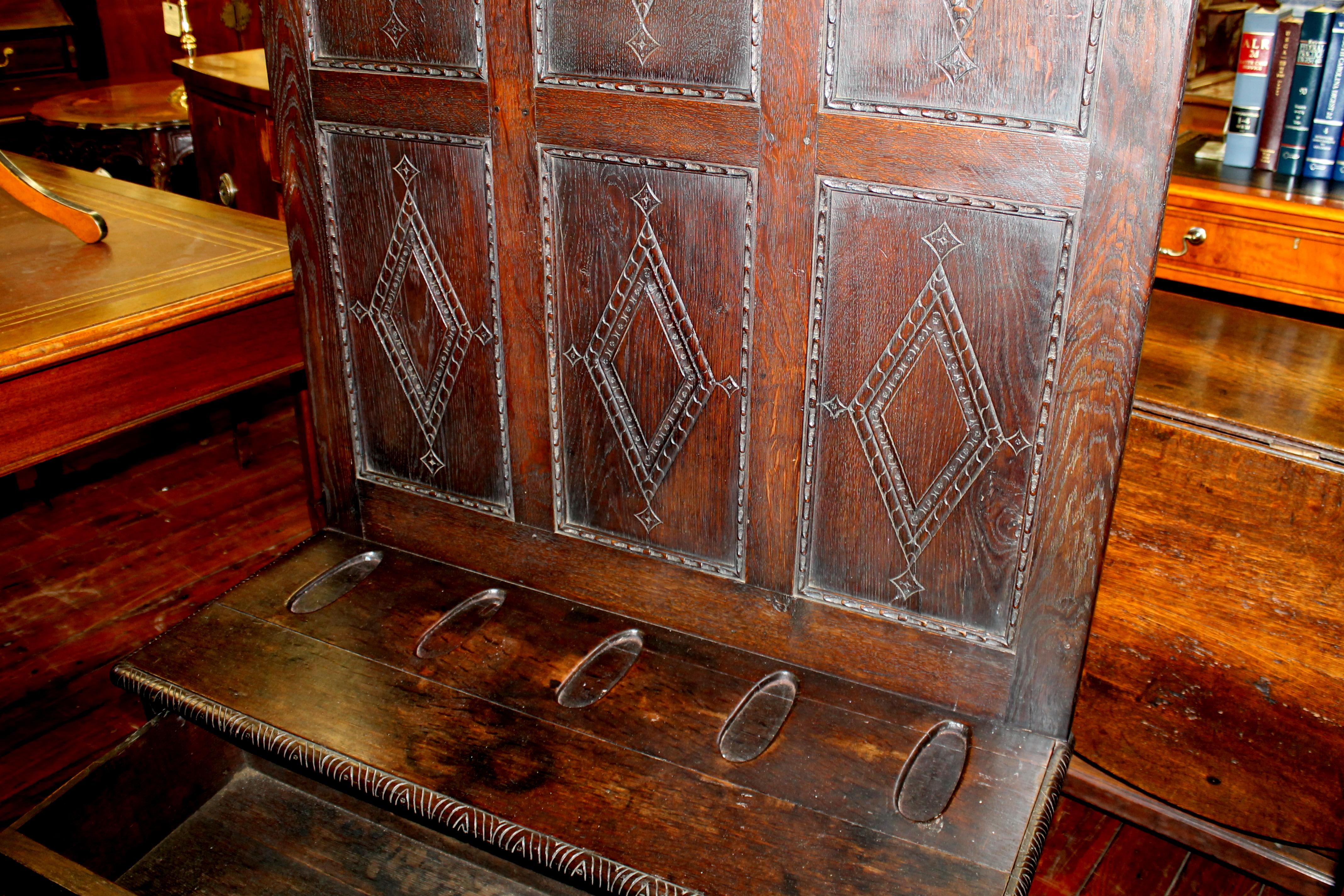 Antique English Hand Carved Oak Jacobean Style Gun Rack and Settle 3