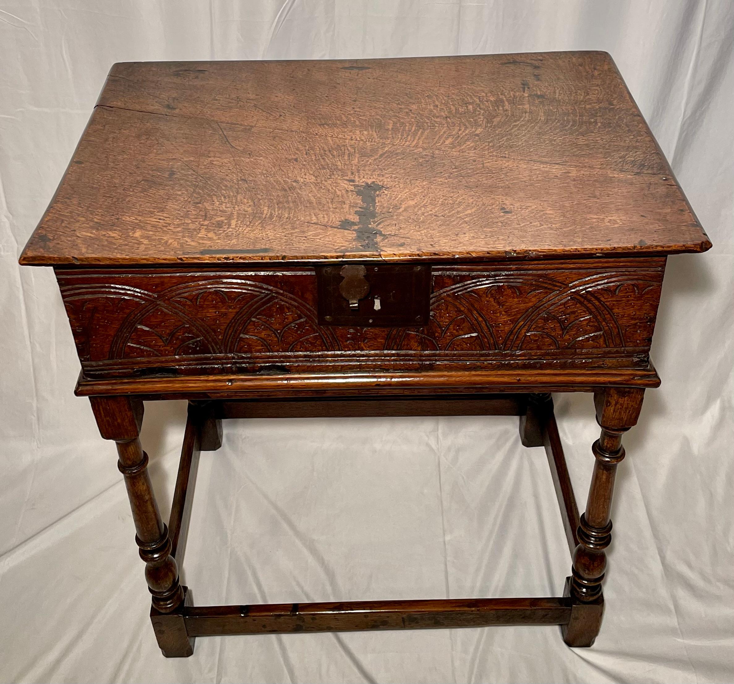 Antique English Hand-Carved Oak table with Interior Compartment, Circa 1840.