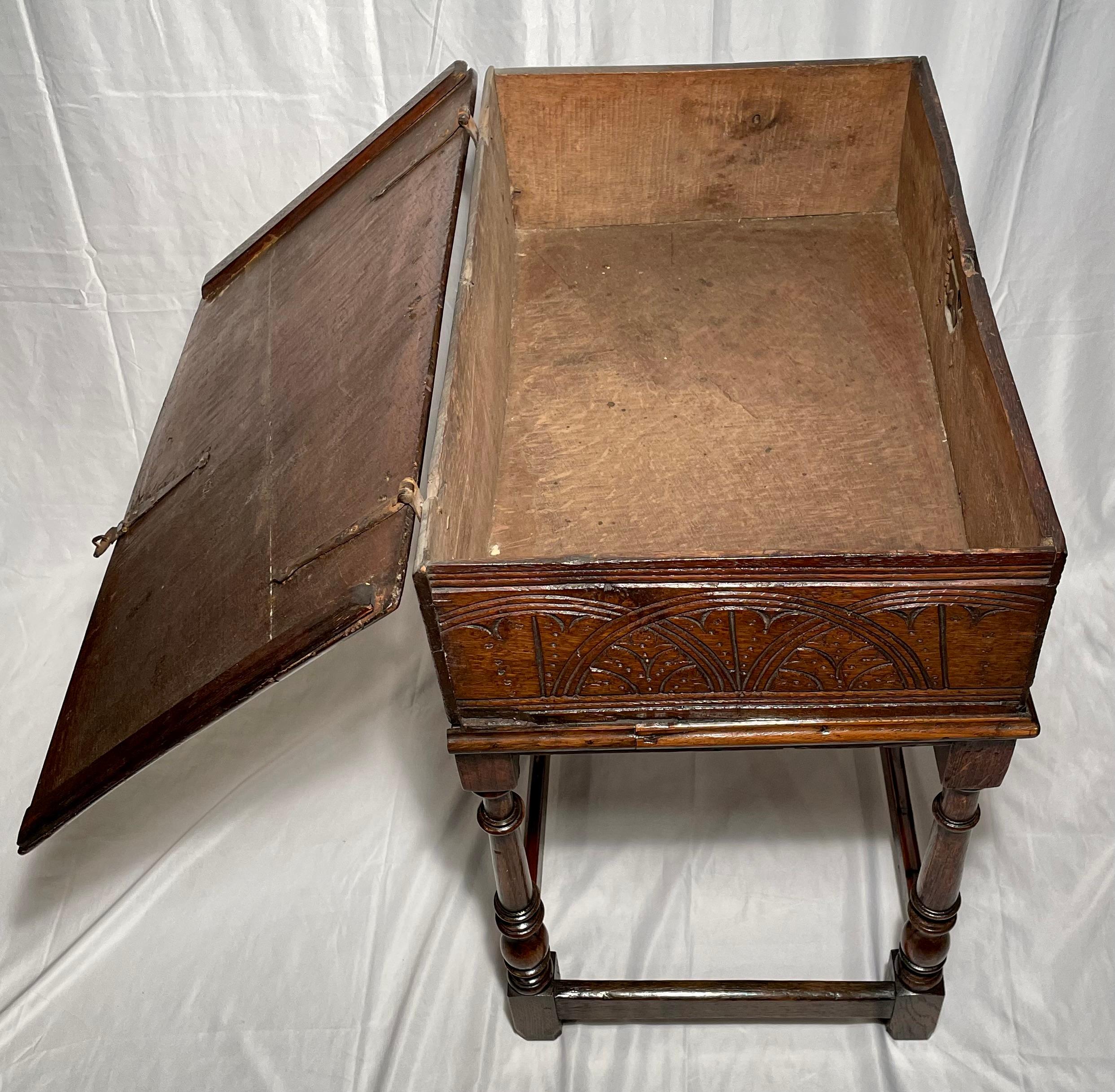 19th Century Antique English Hand-Carved Oak Table with Interior Compartment, Circa 1840 For Sale