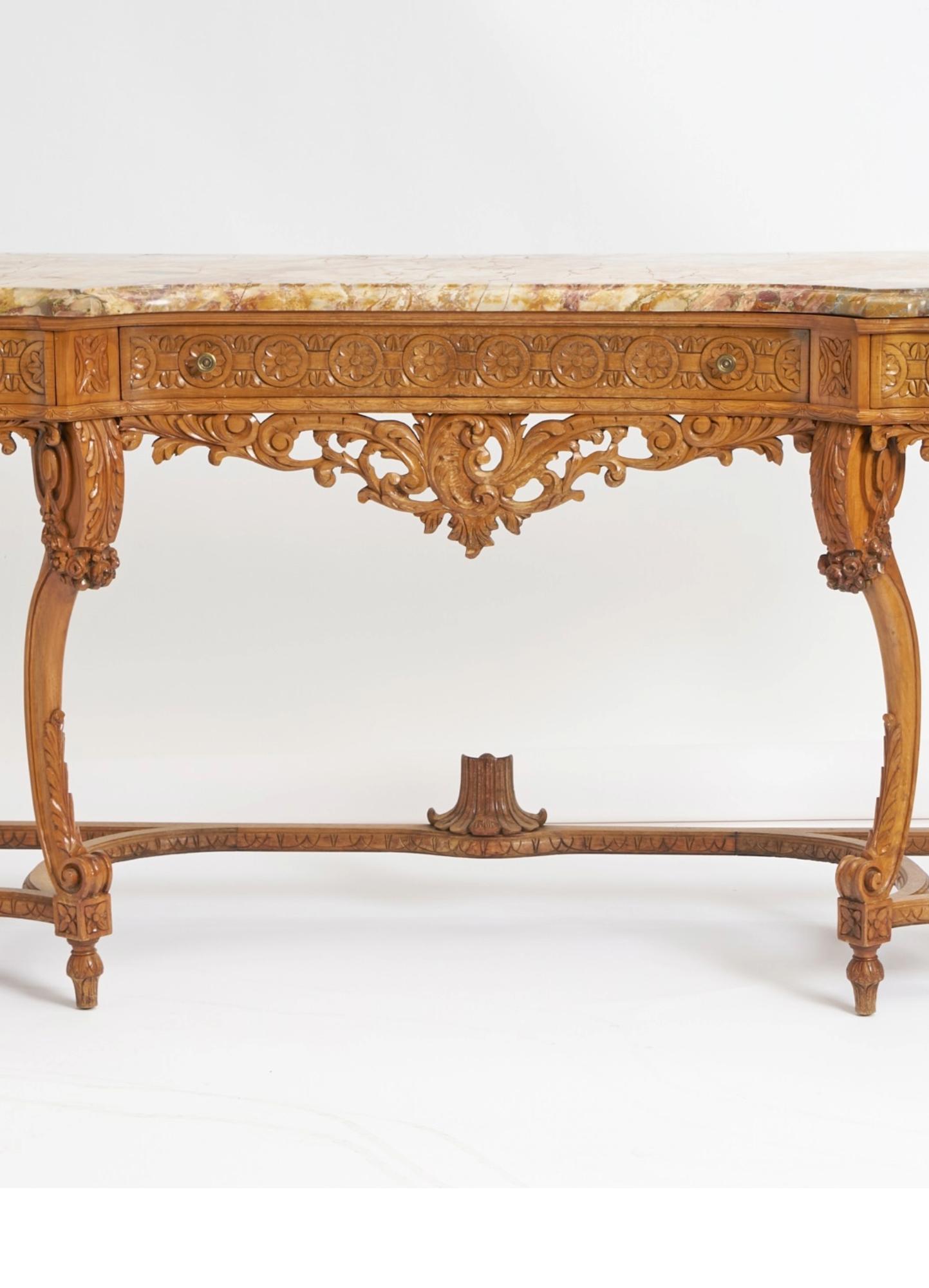 Ancienne table console continentale anglaise en chêne sculptée à la main et plateau en marbre en vente 3