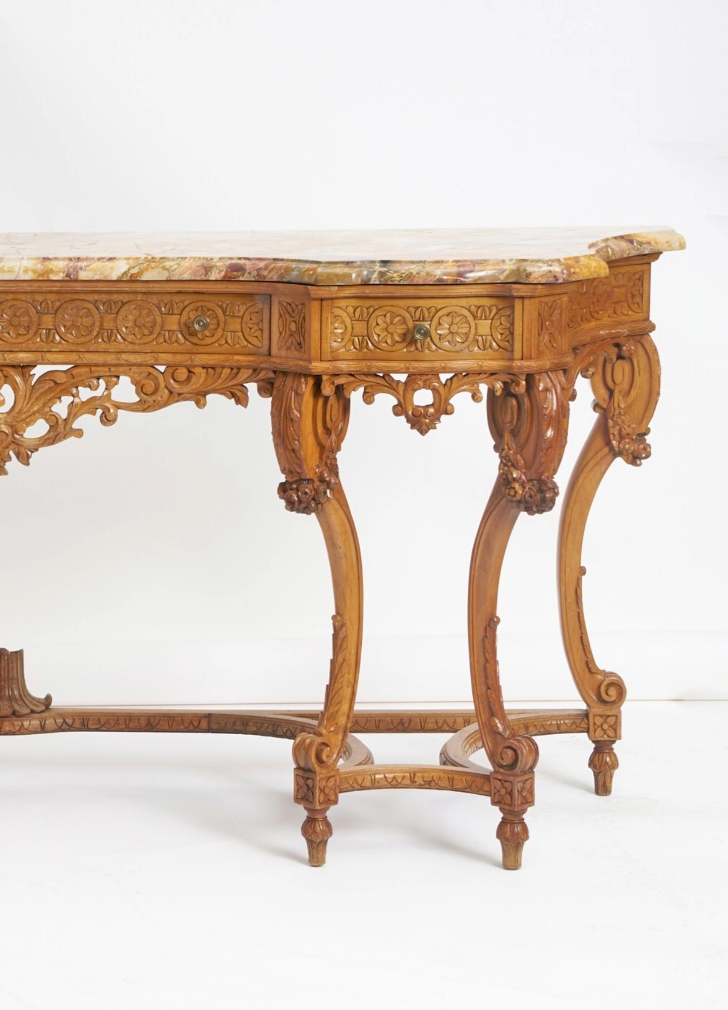 Ancienne table console continentale anglaise en chêne sculptée à la main et plateau en marbre en vente 4