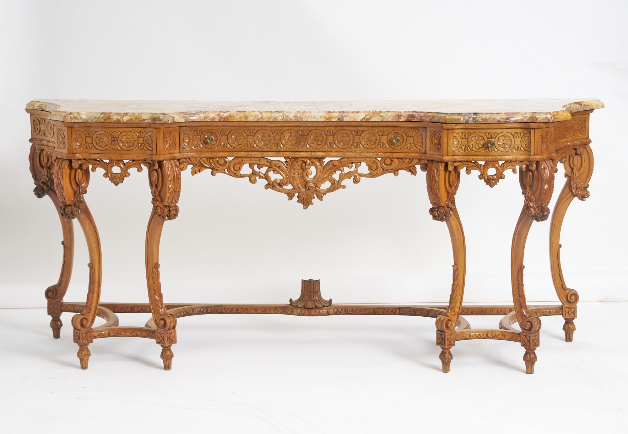 Ancienne table console continentale anglaise en chêne sculptée à la main et plateau en marbre en vente 5