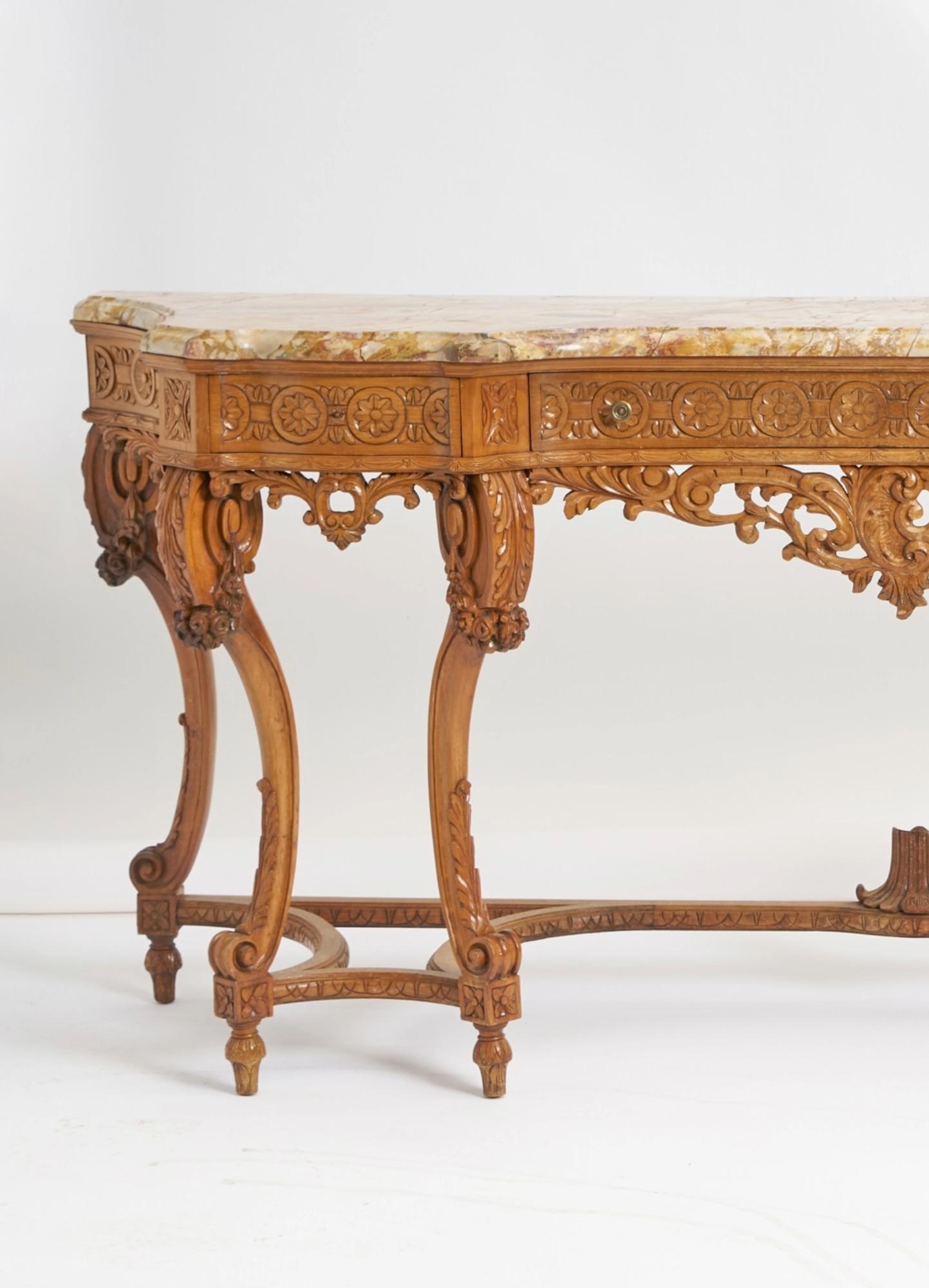 Ancienne table console continentale anglaise en chêne sculptée à la main et plateau en marbre en vente 2