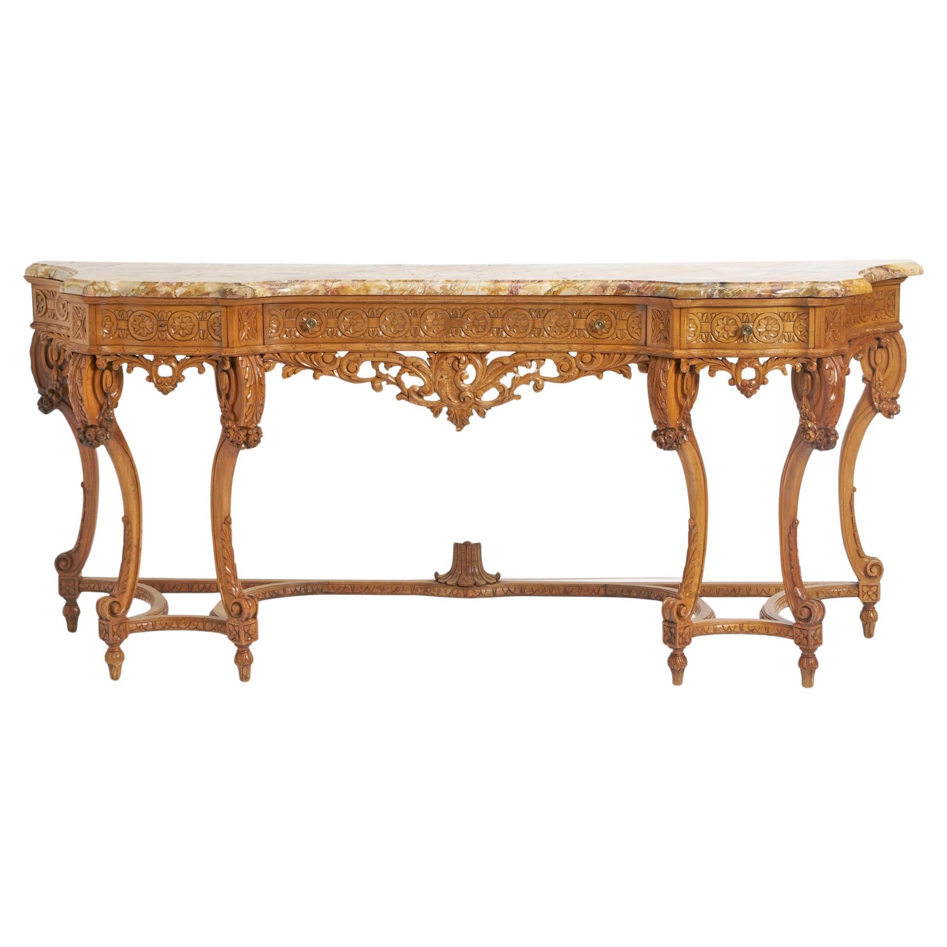 Antique English Hand-Carved Oak Wood Marble Top Continental Console Table