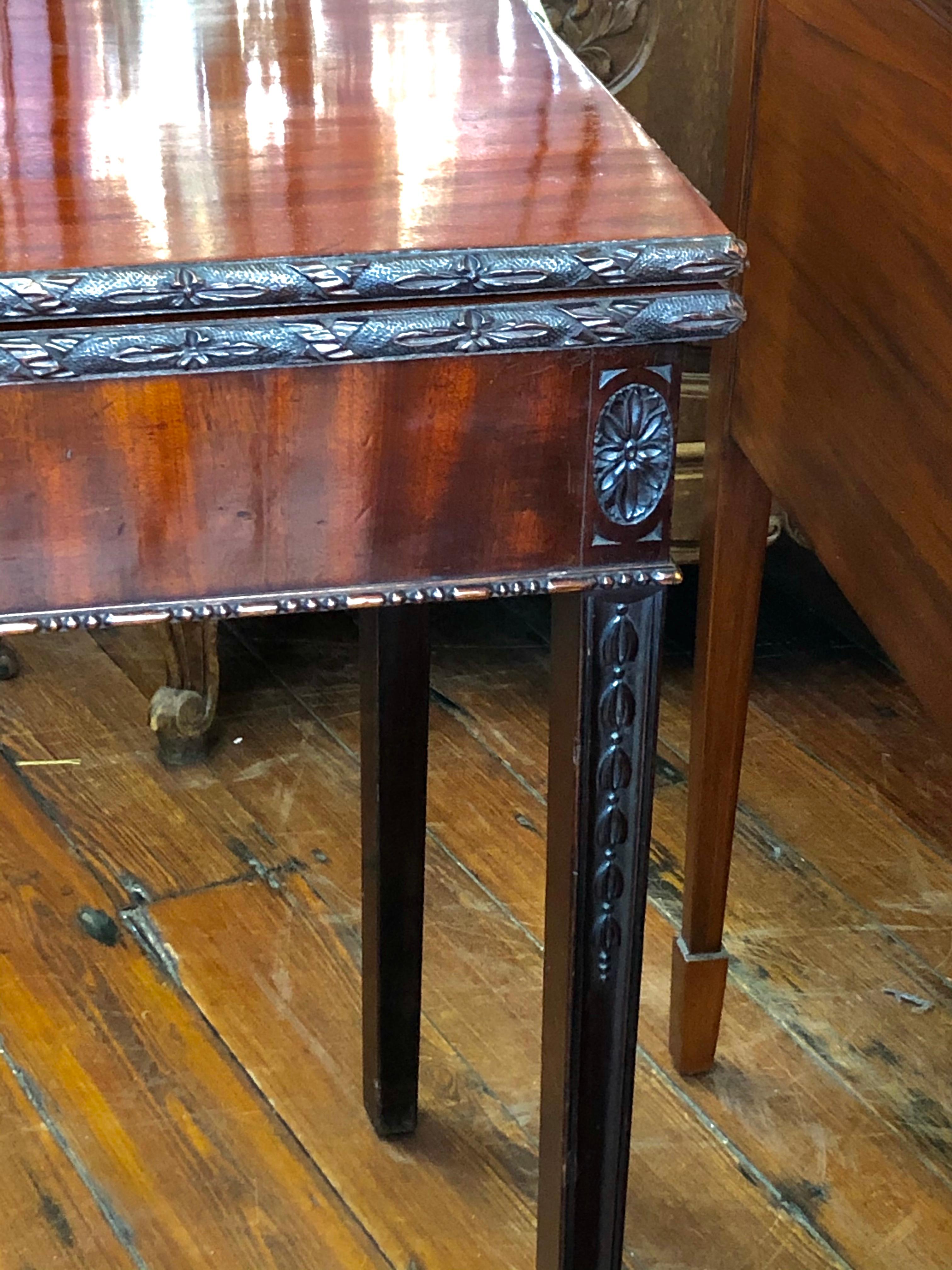 Antique English Hand Carved Solid Mahogany Large Flap top Games Table In Good Condition In Charleston, SC