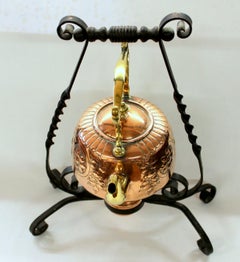 Antique English Hand Chased Copper and Brass Kettle on Wrought Iron Stand