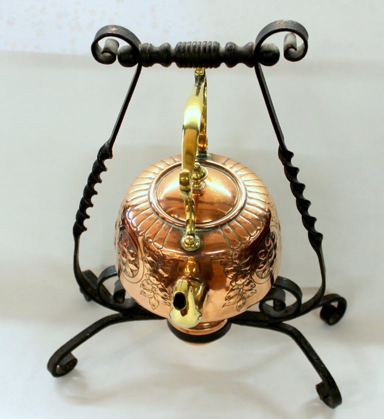 Antique English Hand Chased Copper and Brass Kettle on Wrought Iron