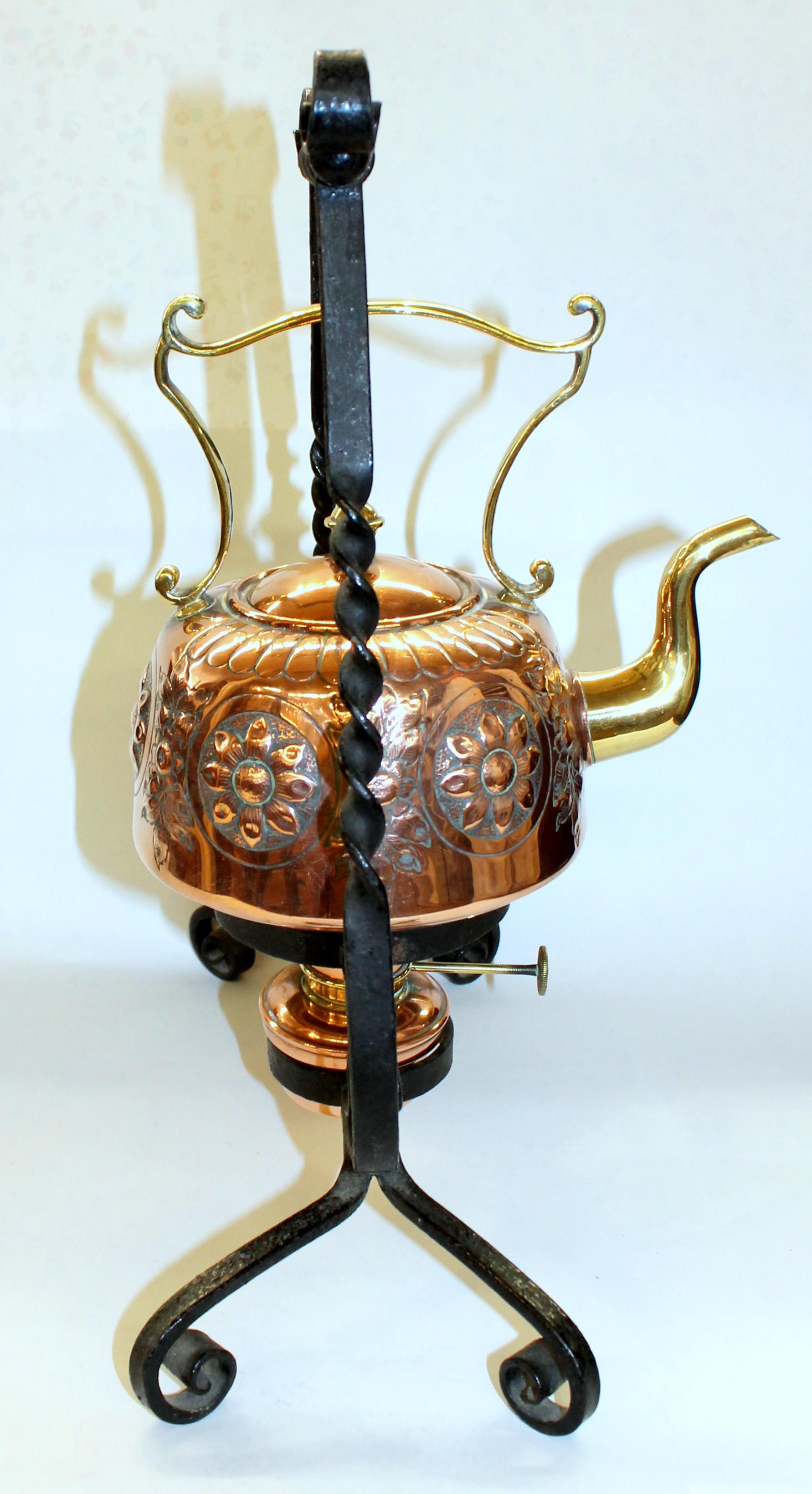 Metalwork Antique English Hand Chased Copper and Brass Kettle on Wrought Iron Stand