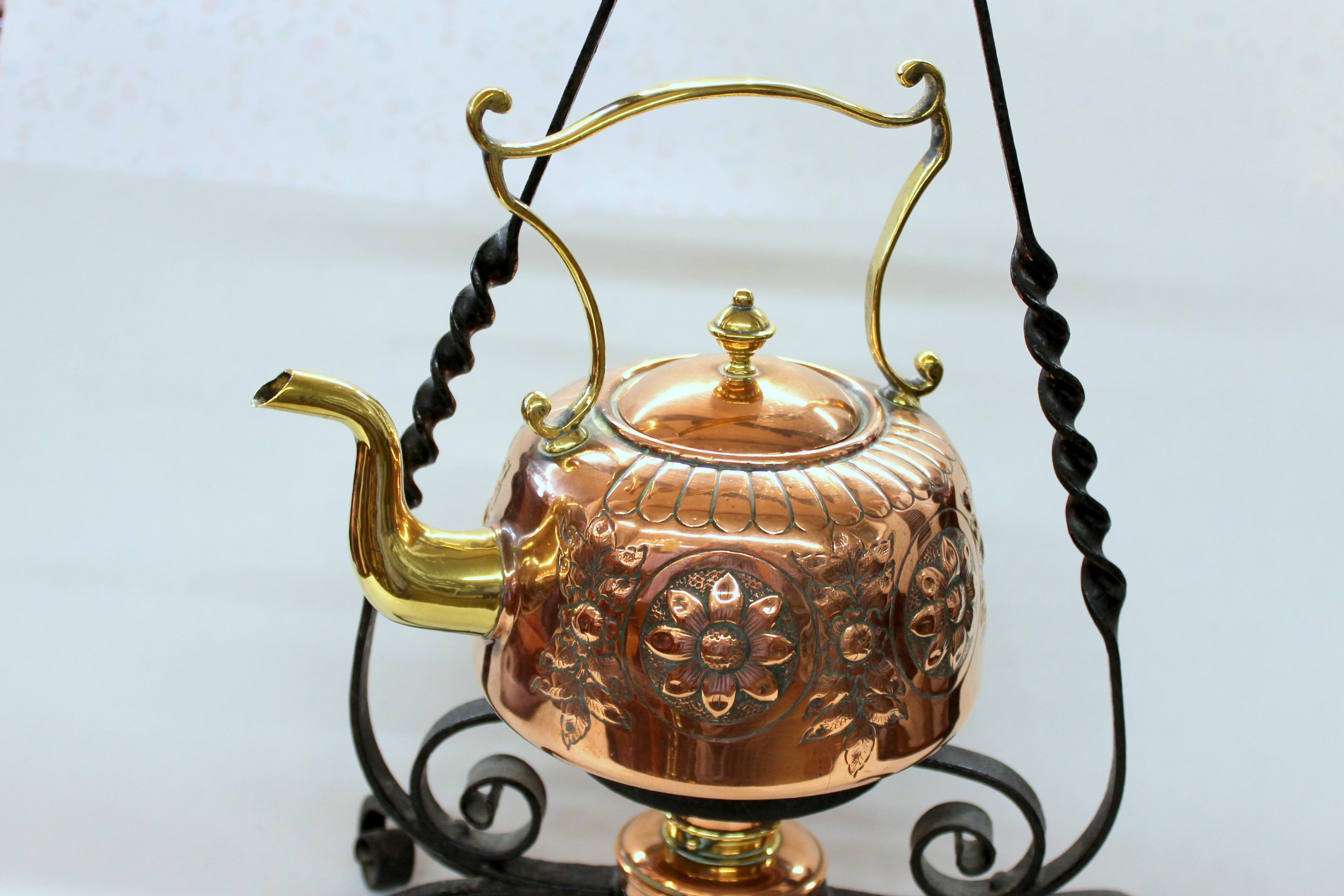19th Century Antique English Hand Chased Copper and Brass Kettle on Wrought Iron Stand