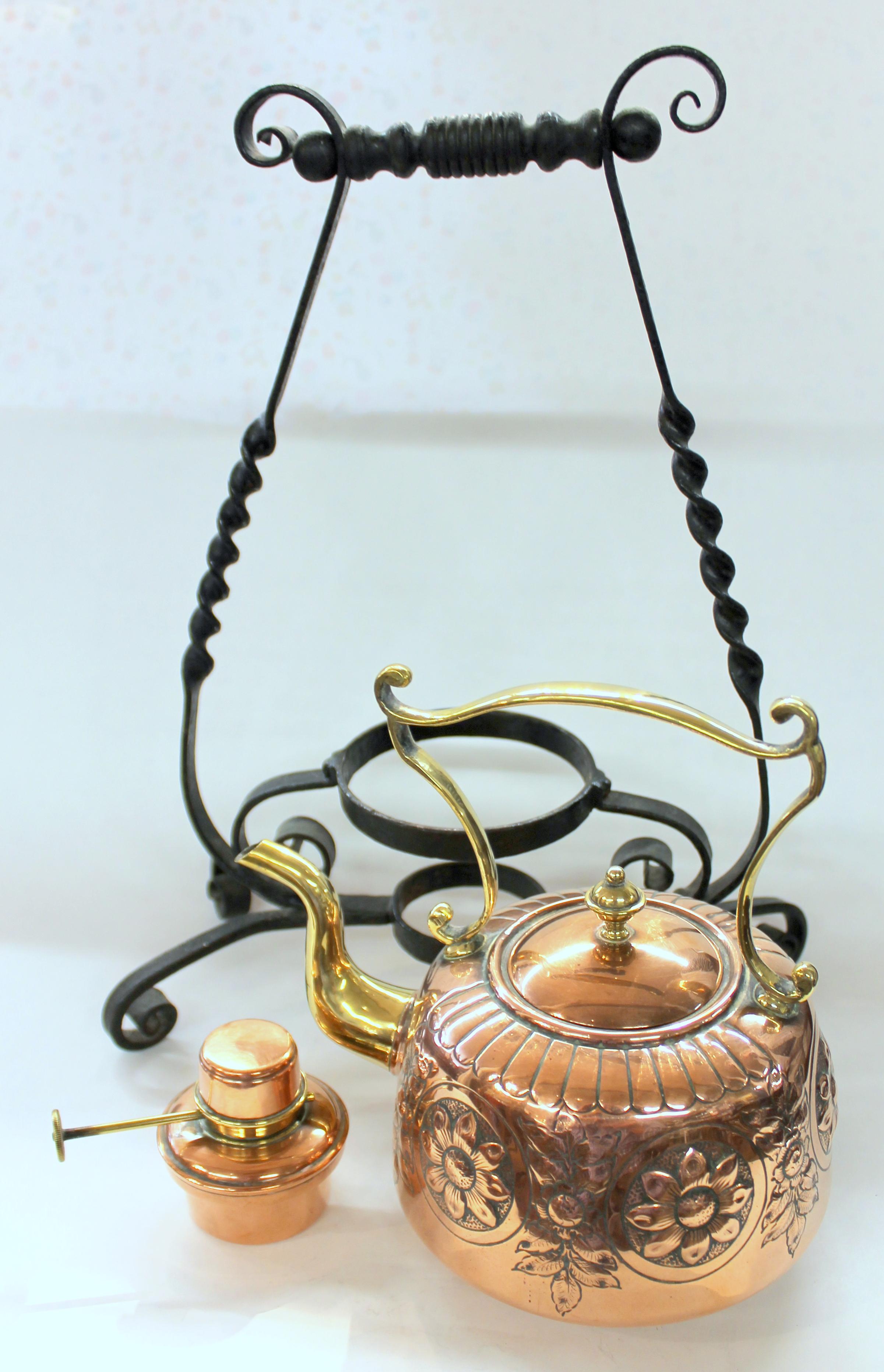Antique English Hand Chased Copper and Brass Kettle on Wrought Iron Stand 1