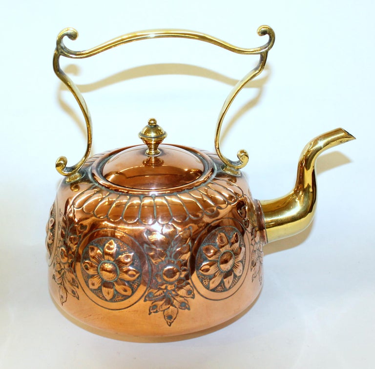 Antique English Hand Chased Copper and Brass Kettle on Wrought Iron