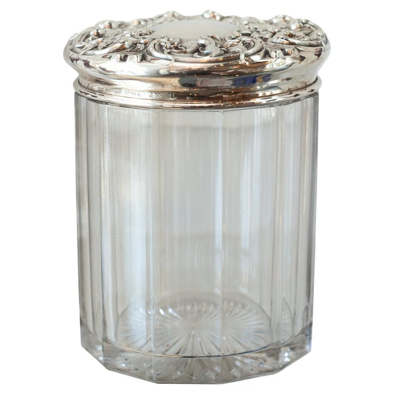 Antique English Hand Chased Silver and Crystal Humidor / Canister For