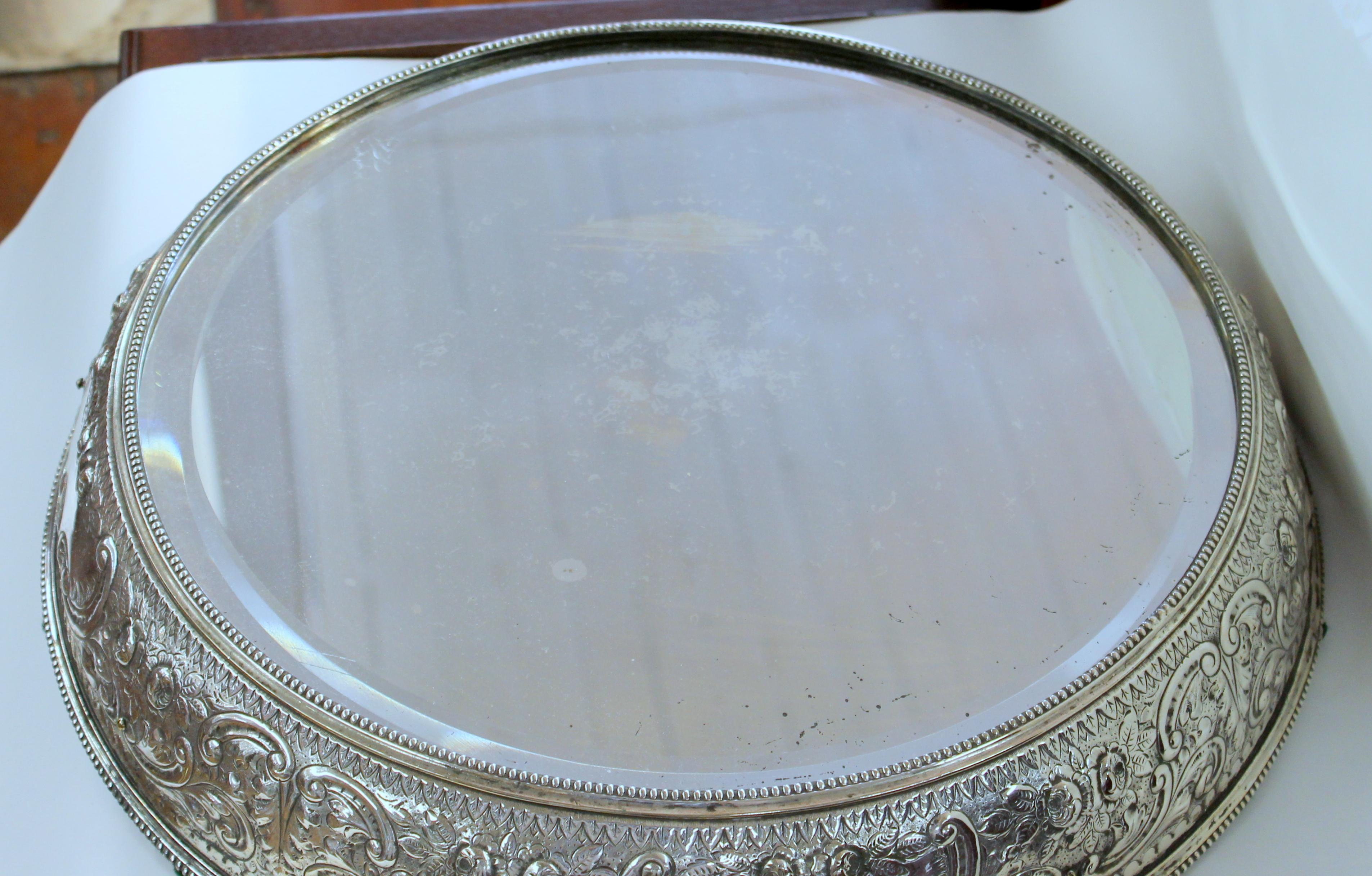 Antique English Hand Chased Silver Plate Large, Round Mirror Plateau In Good Condition In CHARLESTON, SC