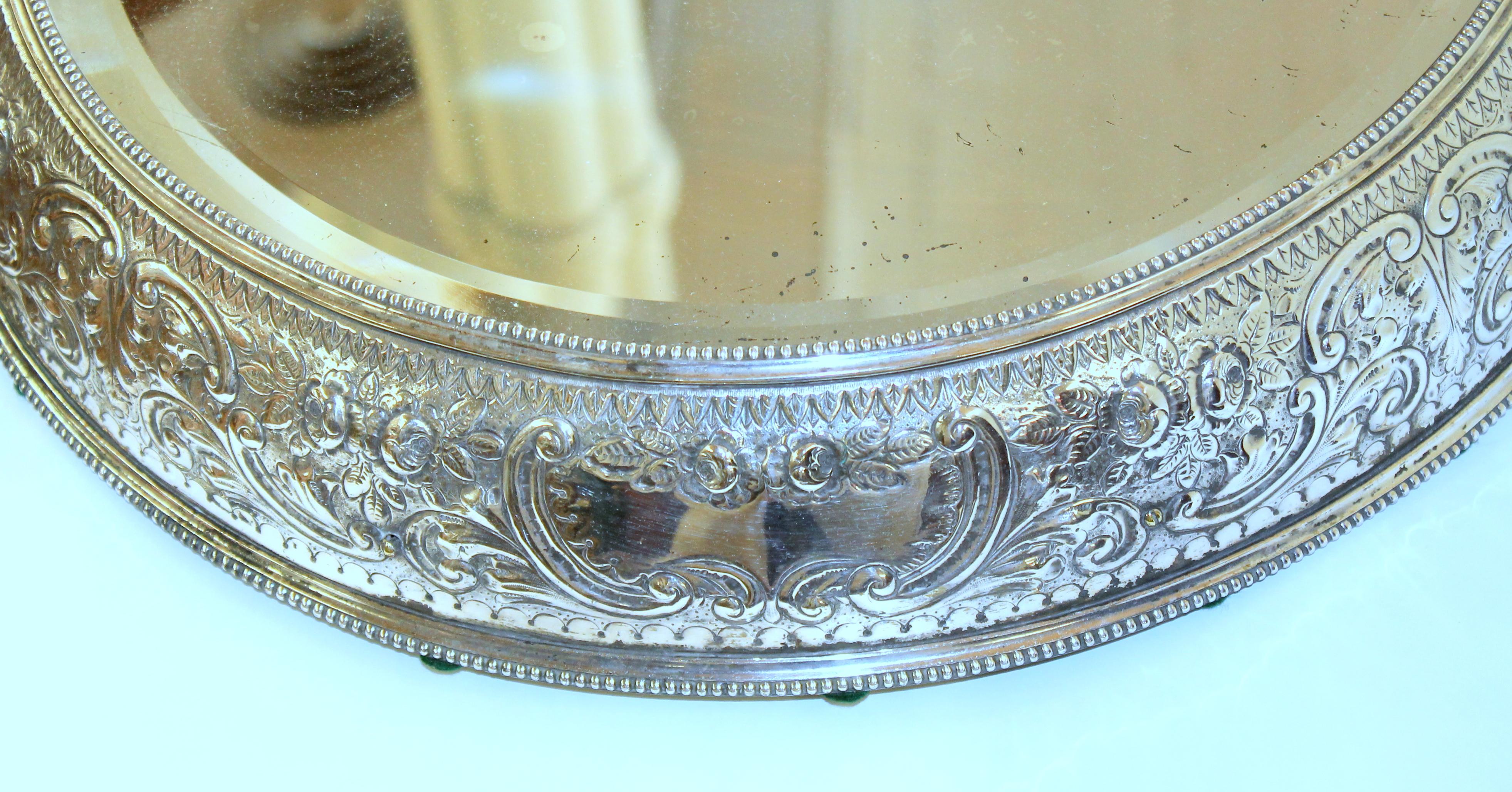 Antique English Hand Chased Silver Plate Large, Round Mirror Plateau 1