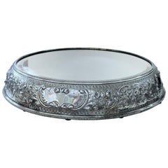 Antique English Hand Chased Silver Plate Large, Round Mirror Plateau
