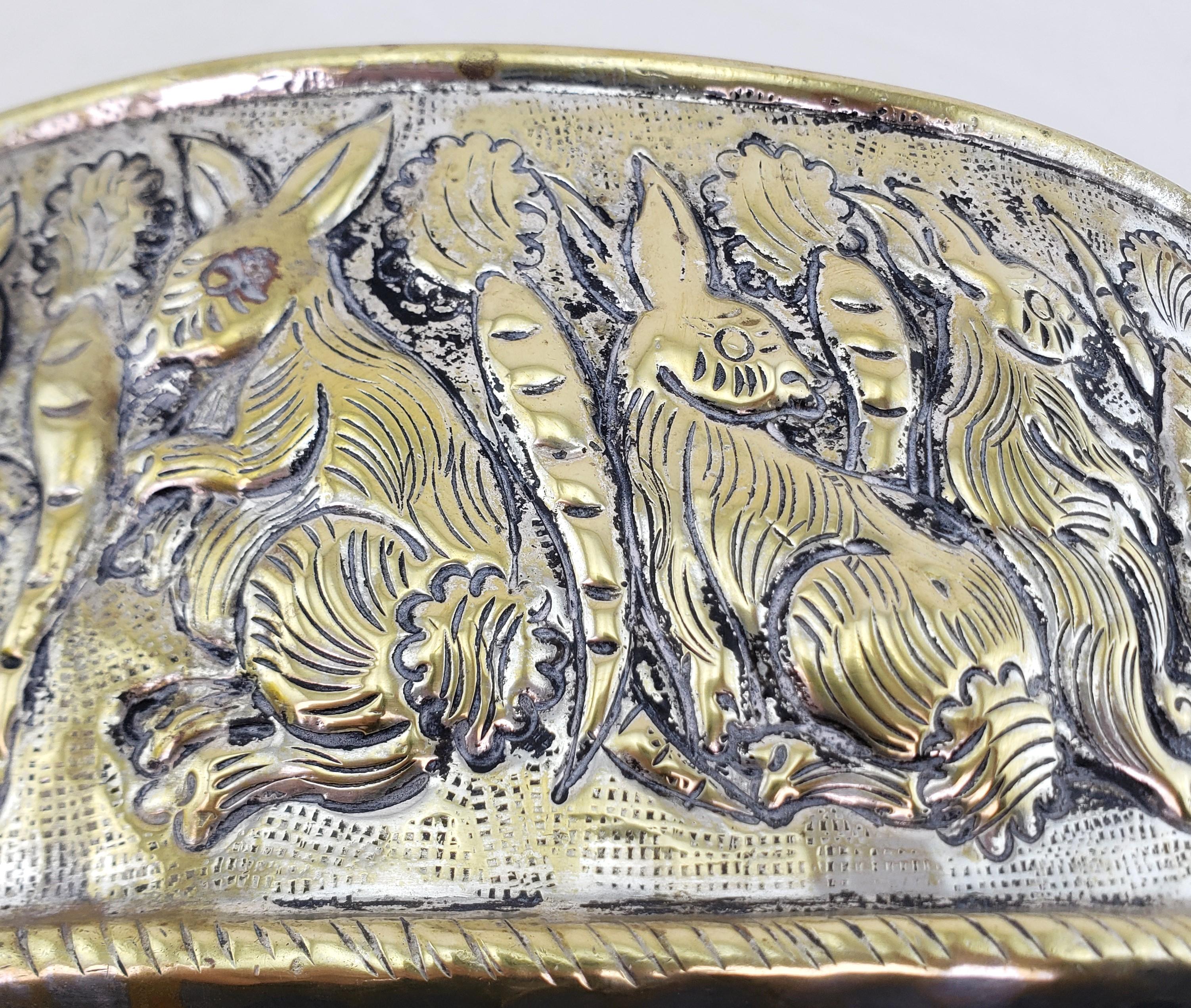 Antique English Hand-Crafted Plated Brass Planter with Whimsical Rabbits For Sale 11