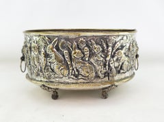 Antique English Hand-Crafted Plated Brass Planter with Whimsical Rabbits