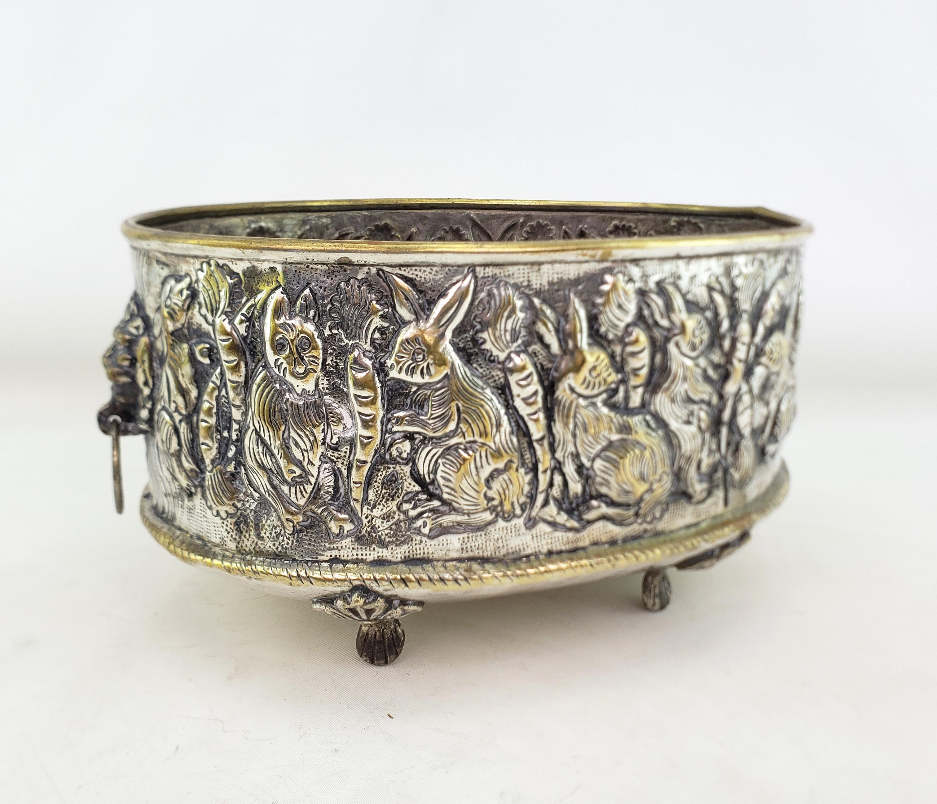 Late Victorian Antique English Hand-Crafted Plated Brass Planter with Whimsical Rabbits For Sale