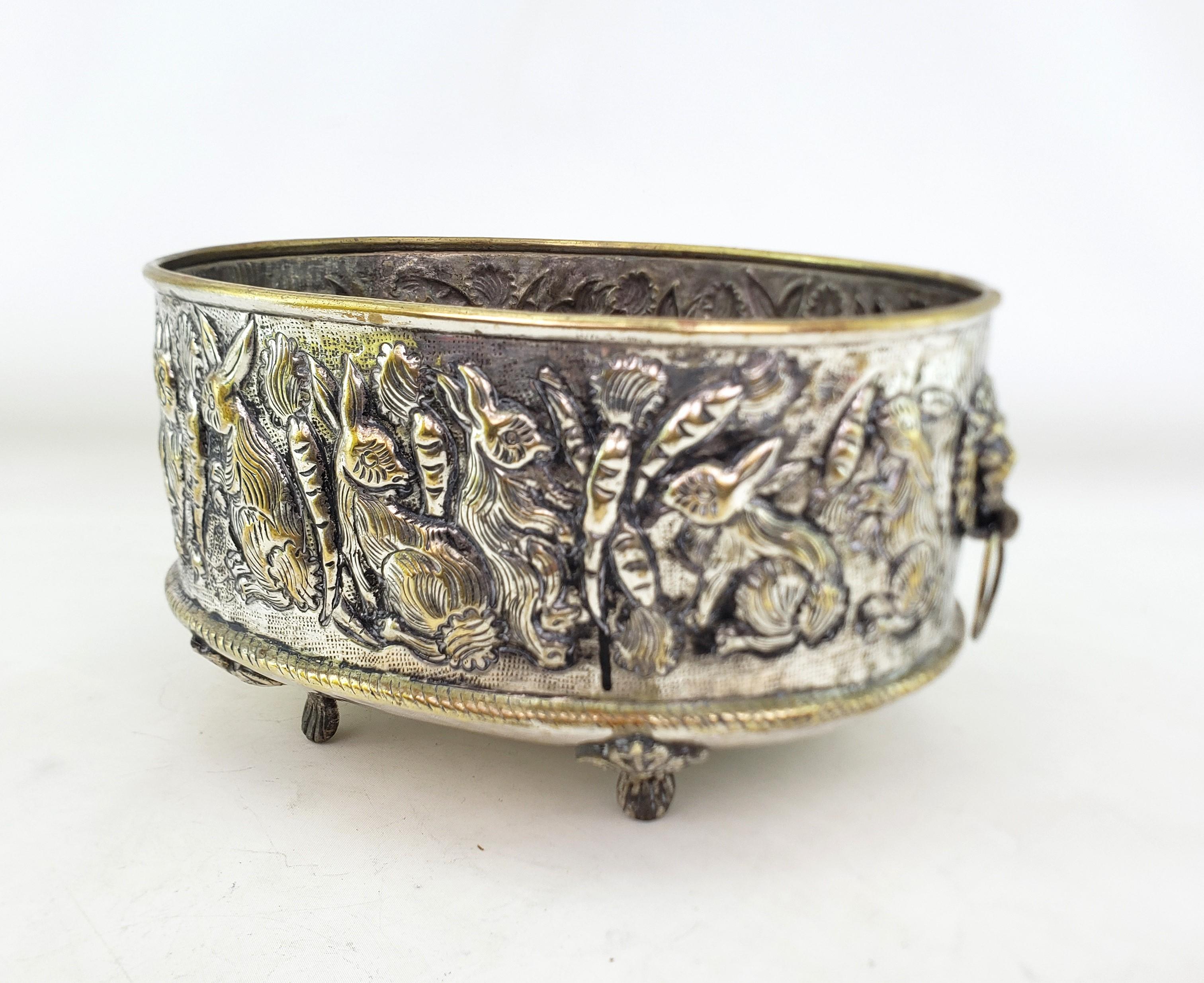 Antique English Hand-Crafted Plated Brass Planter with Whimsical Rabbits In Good Condition For Sale In Hamilton, Ontario