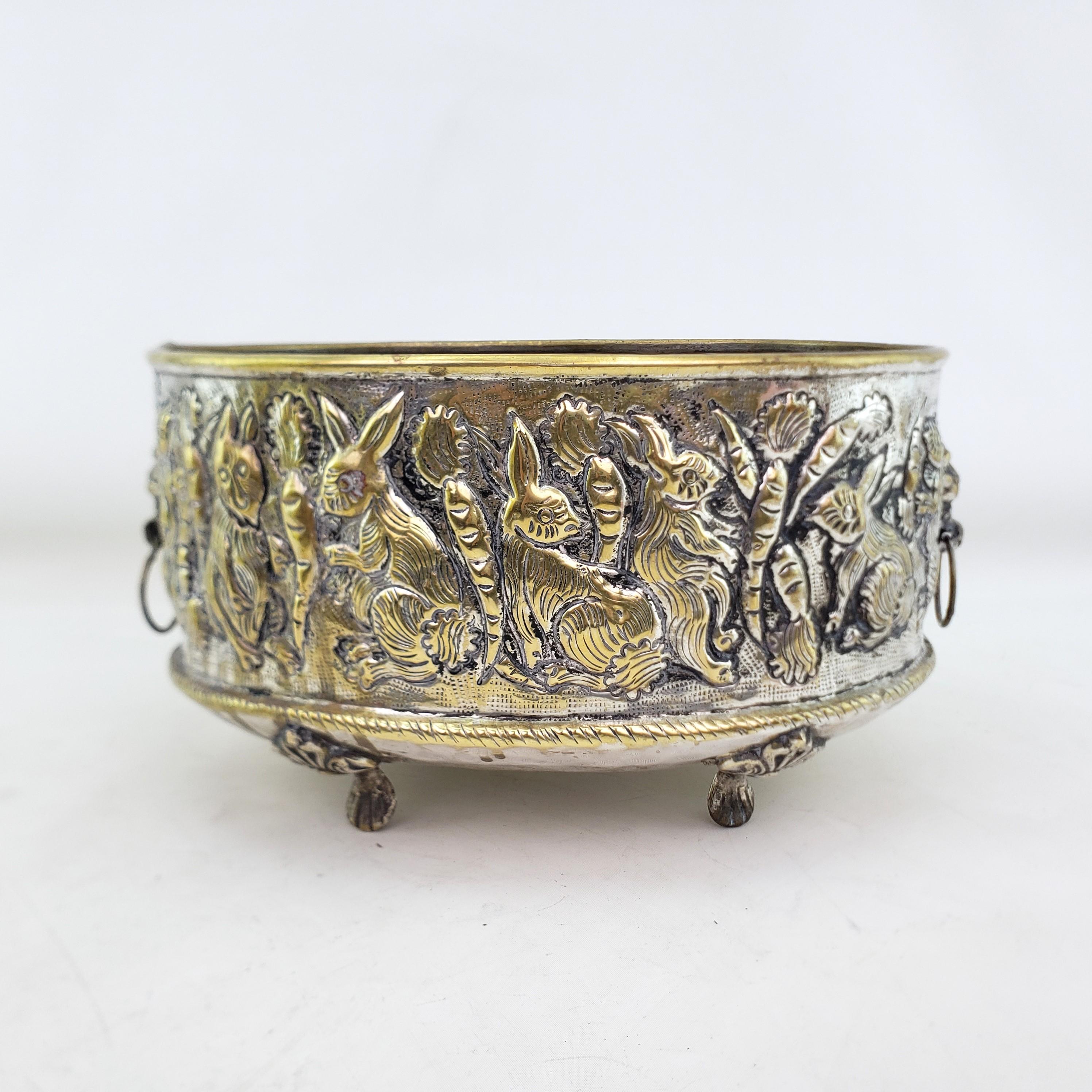 Antique English Hand-Crafted Plated Brass Planter with Whimsical Rabbits For Sale 1