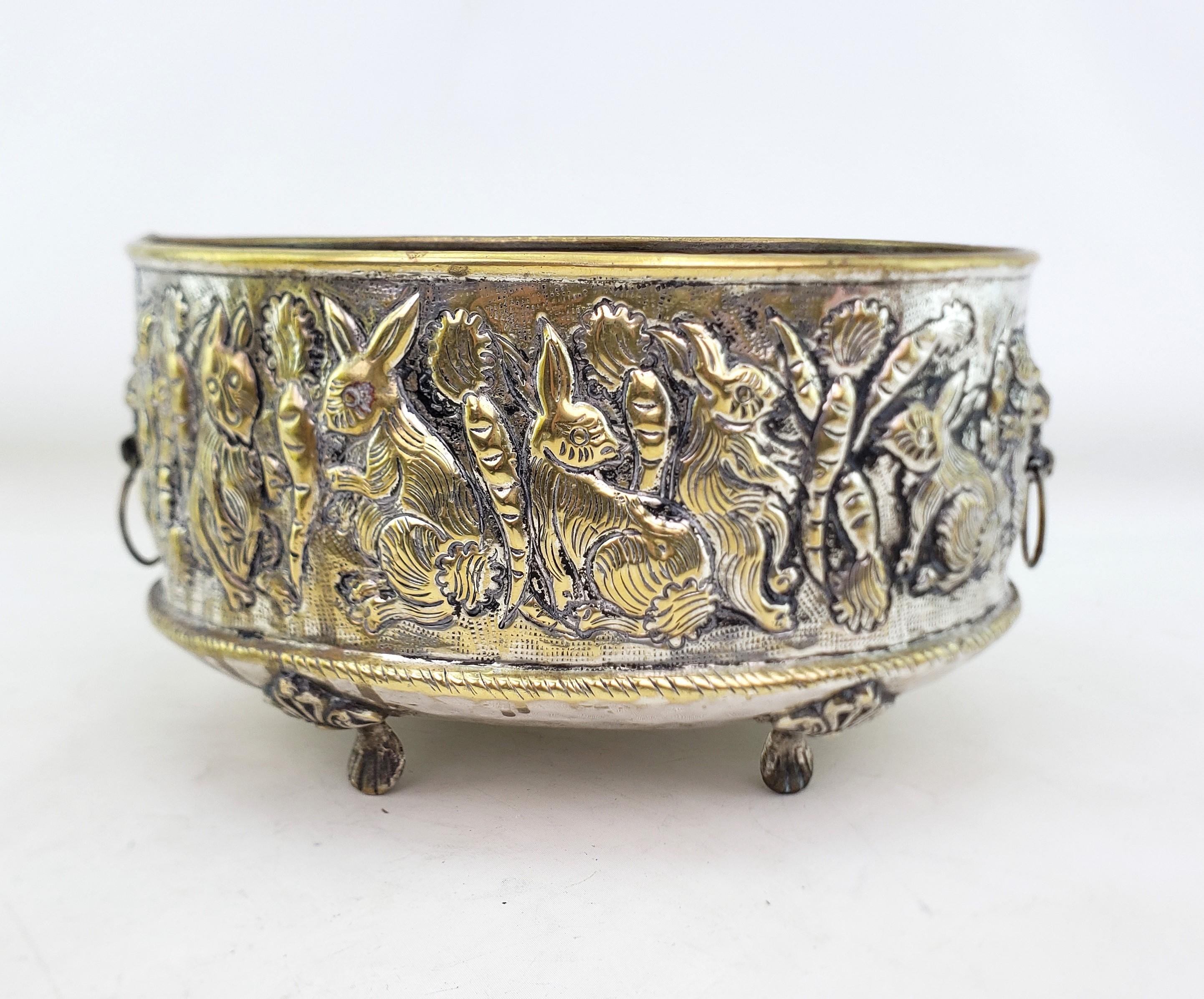 Antique English Hand-Crafted Plated Brass Planter with Whimsical Rabbits For Sale 2