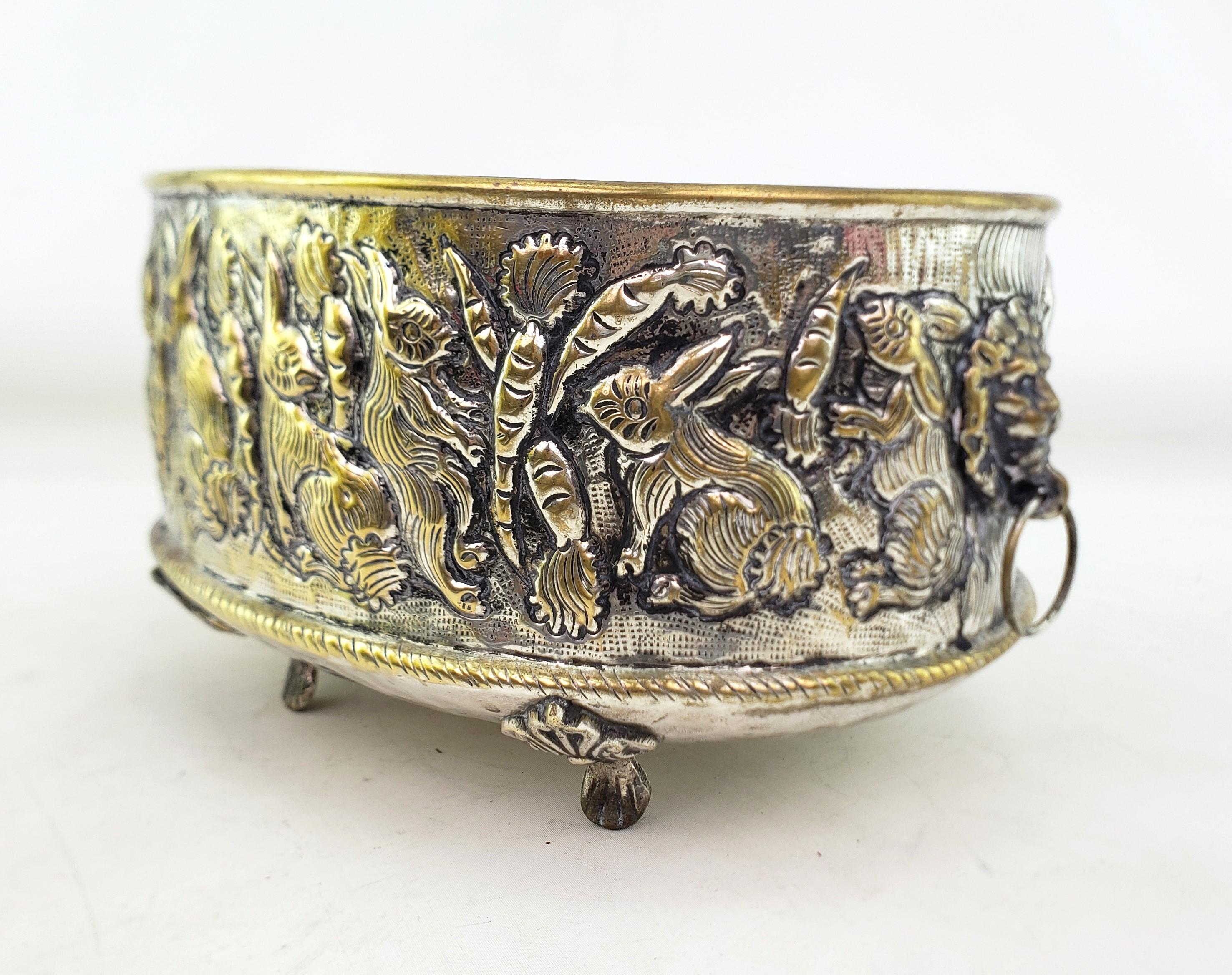 Antique English Hand-Crafted Plated Brass Planter with Whimsical Rabbits For Sale 3