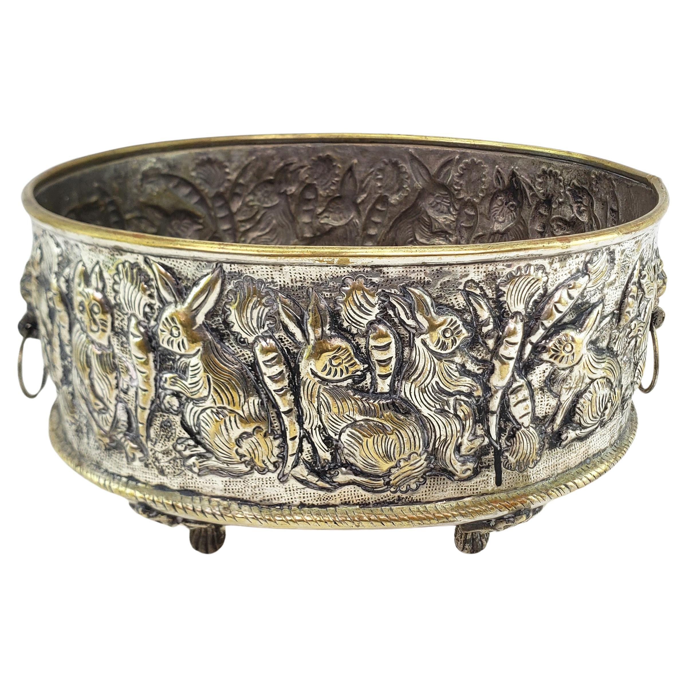 Antique English Hand-Crafted Plated Brass Planter with Whimsical Rabbits For Sale