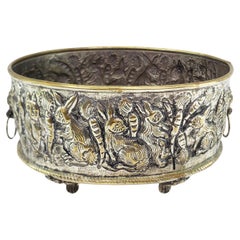 Antique English Hand-Crafted Plated Brass Planter with Whimsical Rabbits