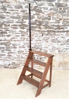 Antique English Hand-Crafted Wooden Four Step Library Stairs & Attached Banister