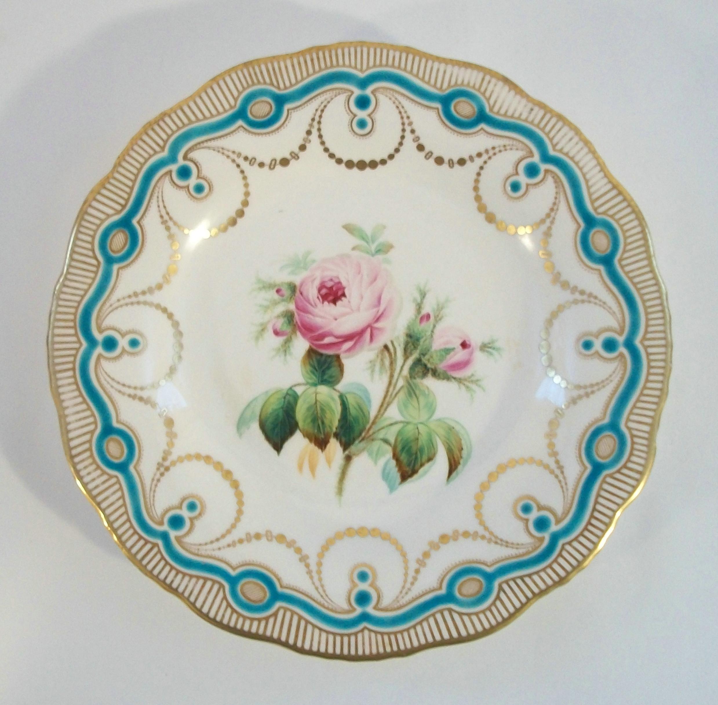 Victorian Antique English Hand Painted Botanical Ceramic Cabinet Plate - U.K. - Circa 1850 For Sale
