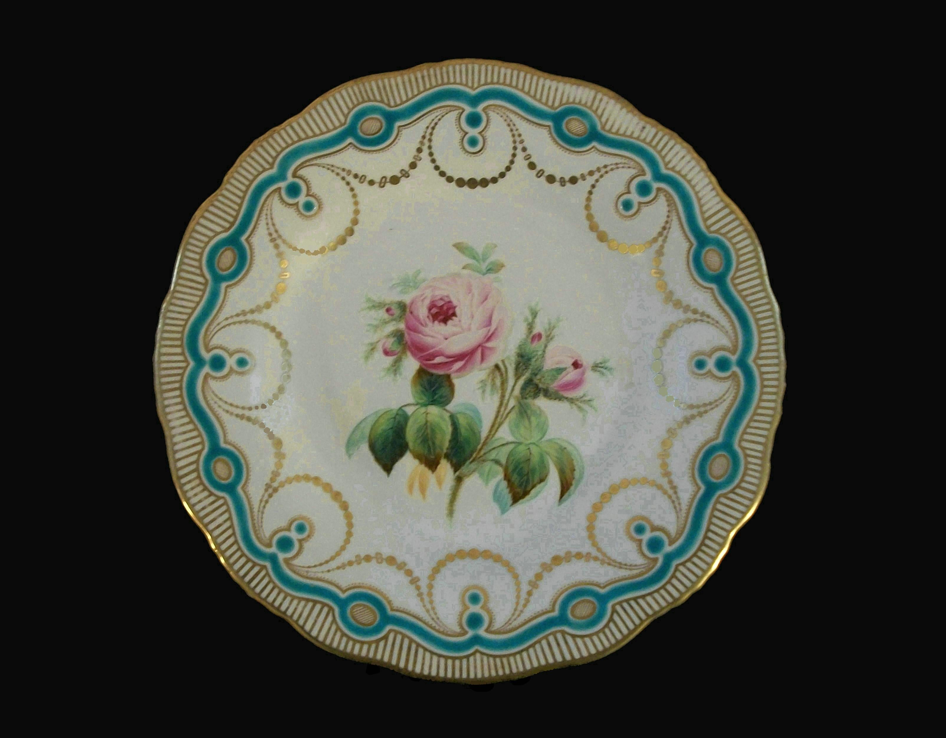 Gilt Antique English Hand Painted Botanical Ceramic Cabinet Plate - U.K. - Circa 1850 For Sale