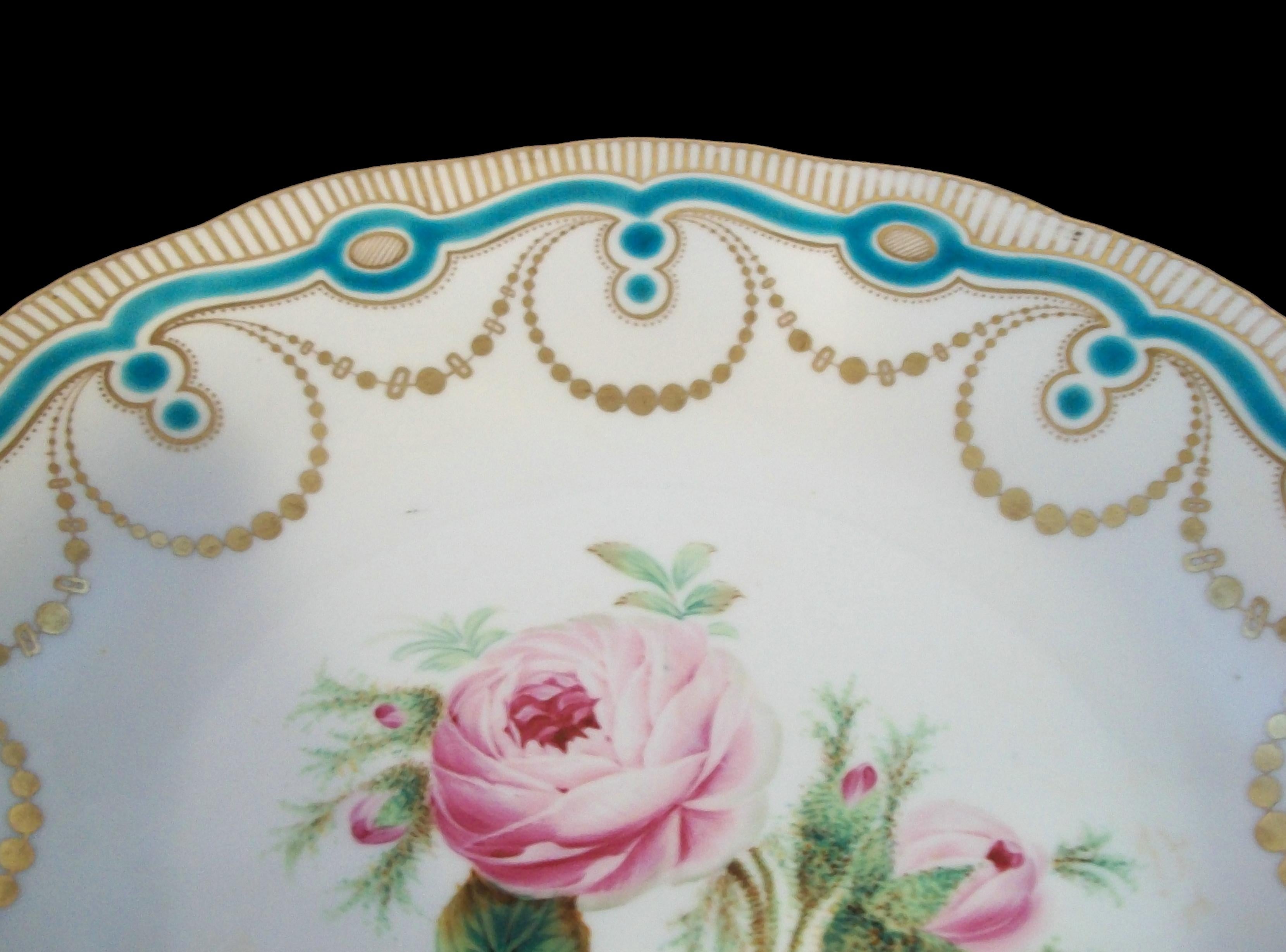 Antique English Hand Painted Botanical Ceramic Cabinet Plate - U.K. - Circa 1850 In Good Condition For Sale In Chatham, ON