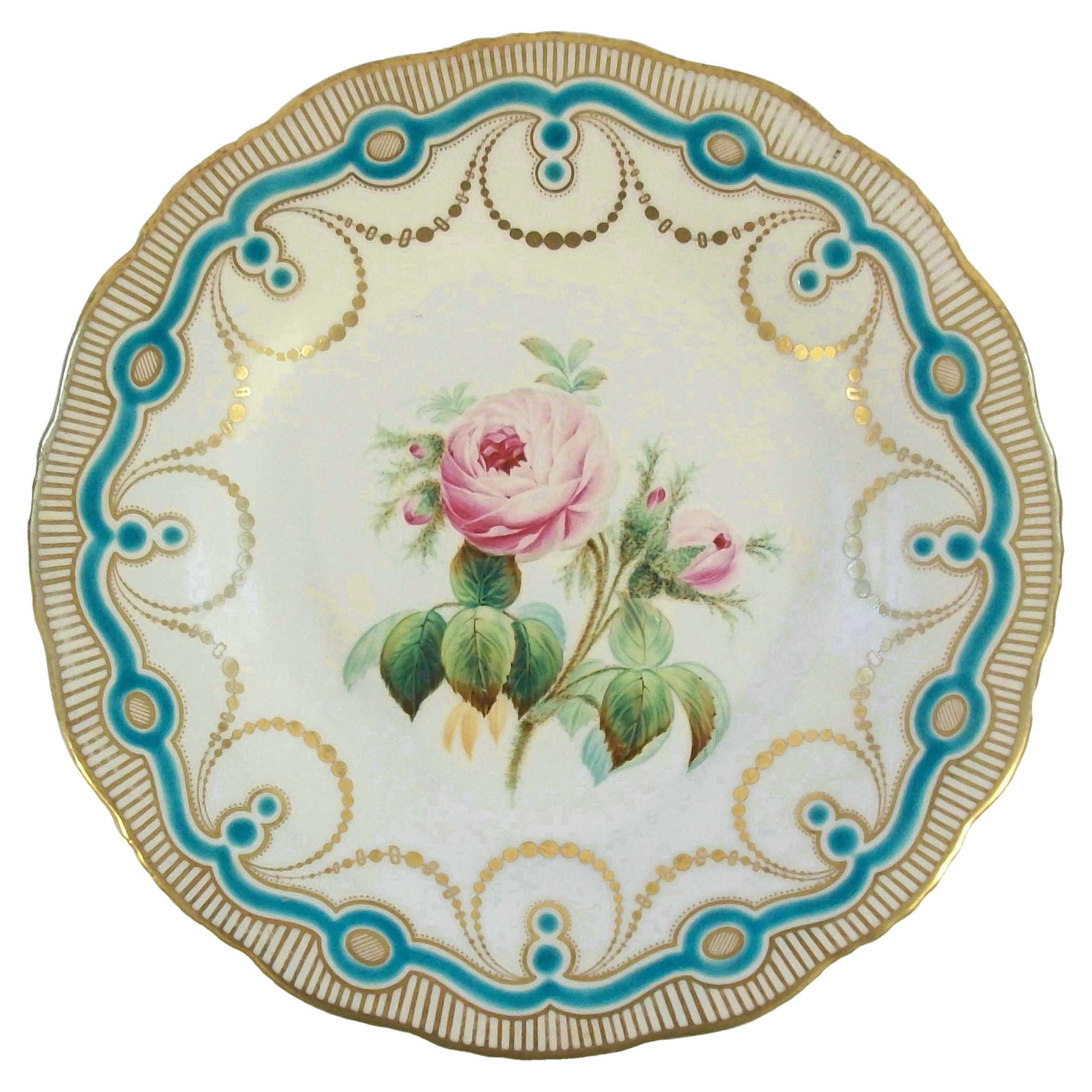 Antique English Hand Painted Botanical Ceramic Cabinet Plate - U.K. - Circa 1850 For Sale