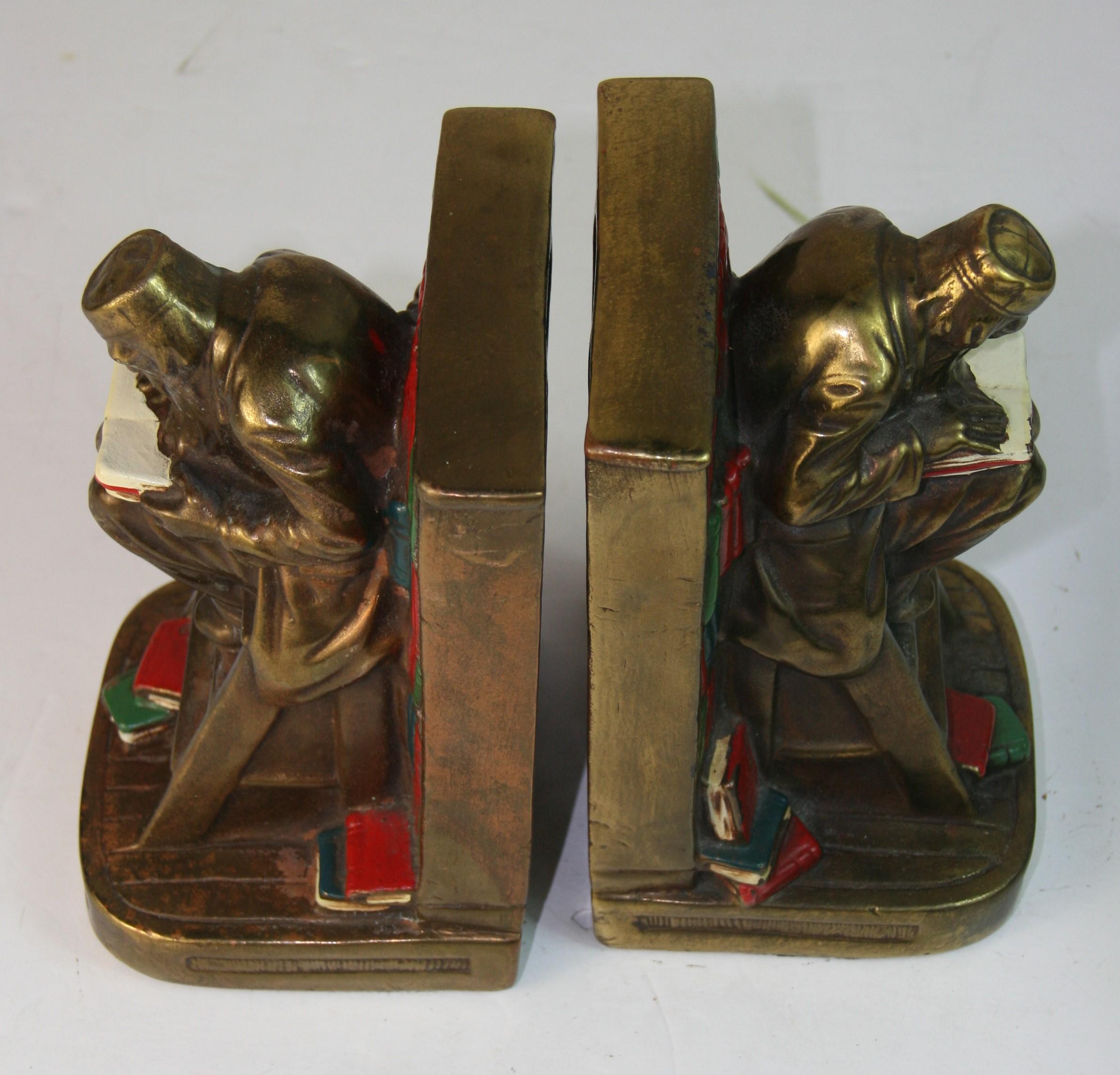 Antique English Hand Painted Brass Scholar Bookends For Sale 5