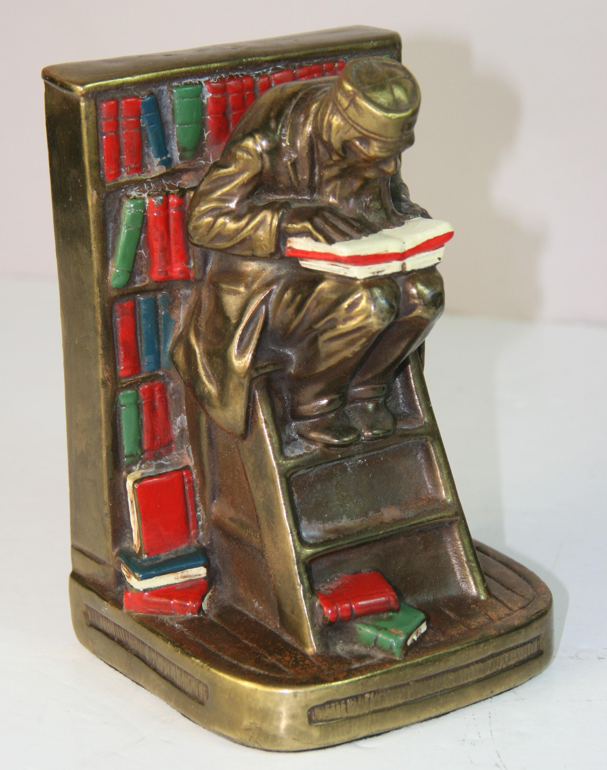 Hand-Crafted Antique English Hand Painted Brass Scholar Bookends For Sale
