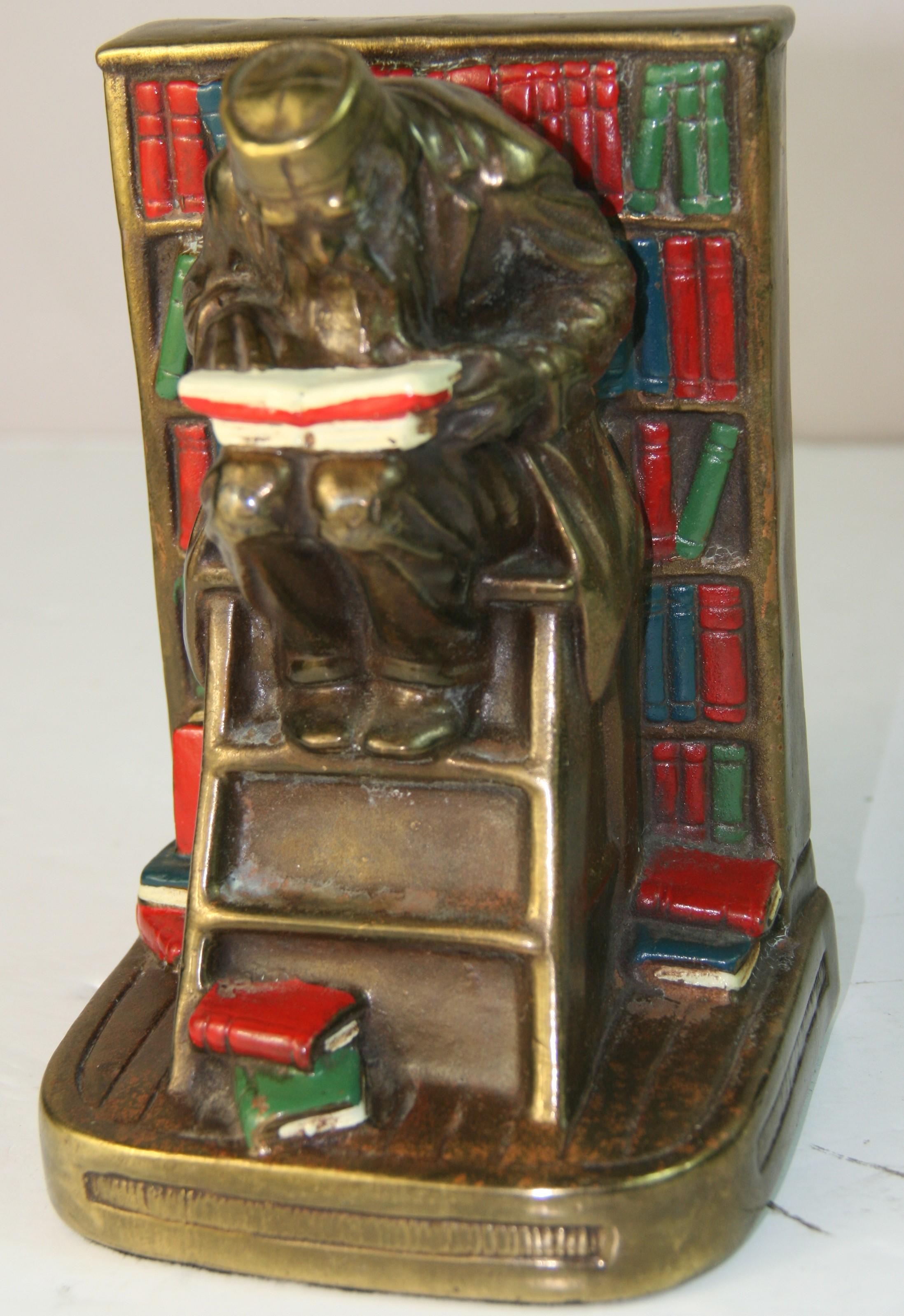 Antique English Hand Painted Brass Scholar Bookends In Good Condition For Sale In Douglas Manor, NY