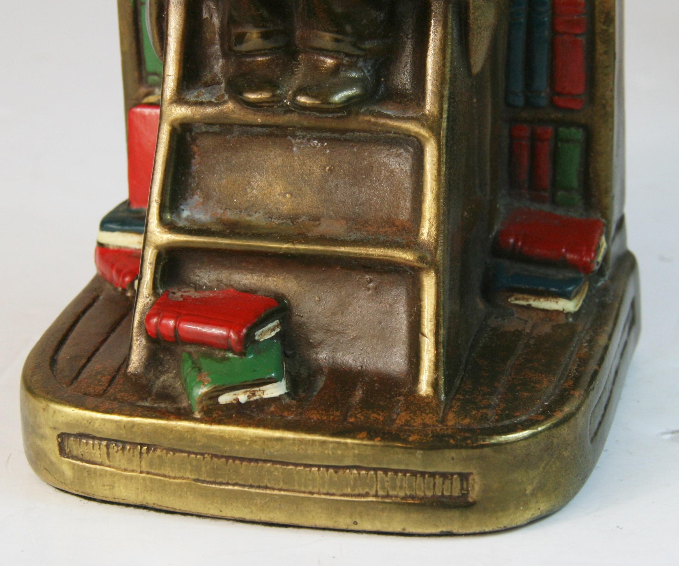 Mid-20th Century Antique English Hand Painted Brass Scholar Bookends For Sale
