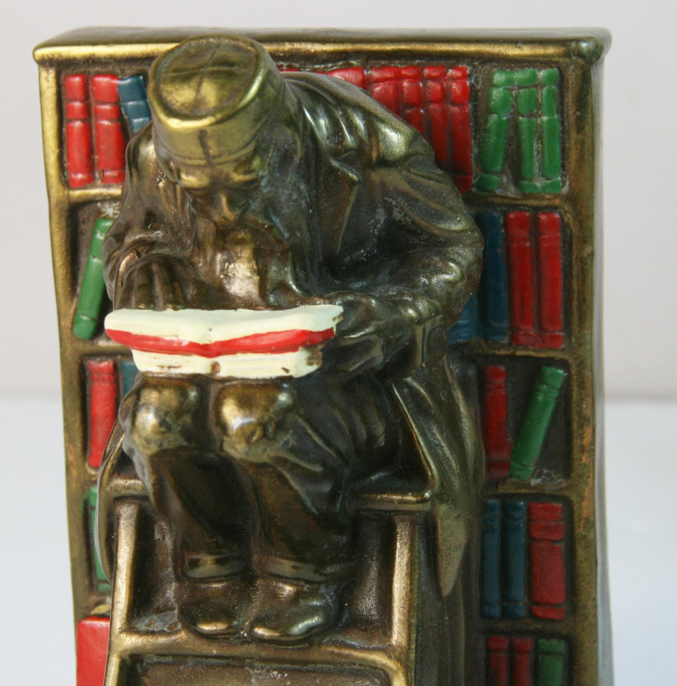 Antique English Hand Painted Brass Scholar Bookends For Sale 1