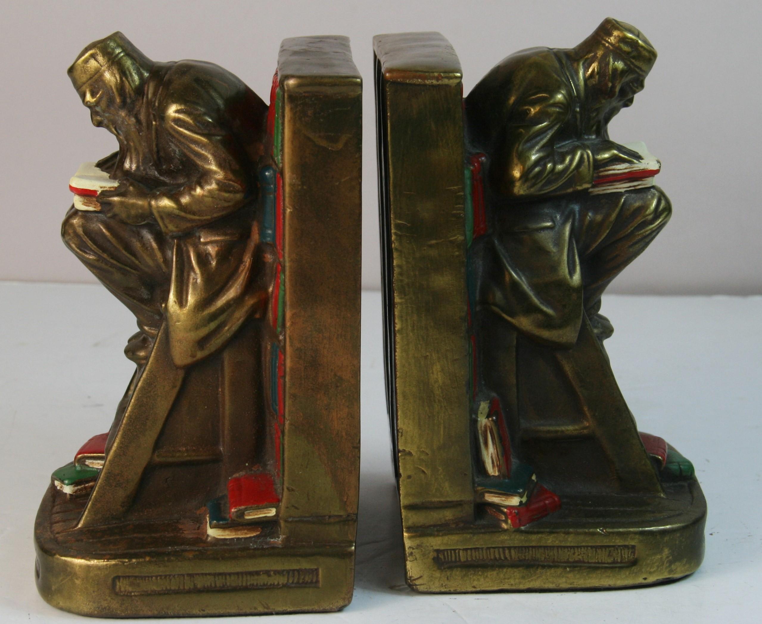 Antique English Hand Painted Brass Scholar Bookends For Sale 2