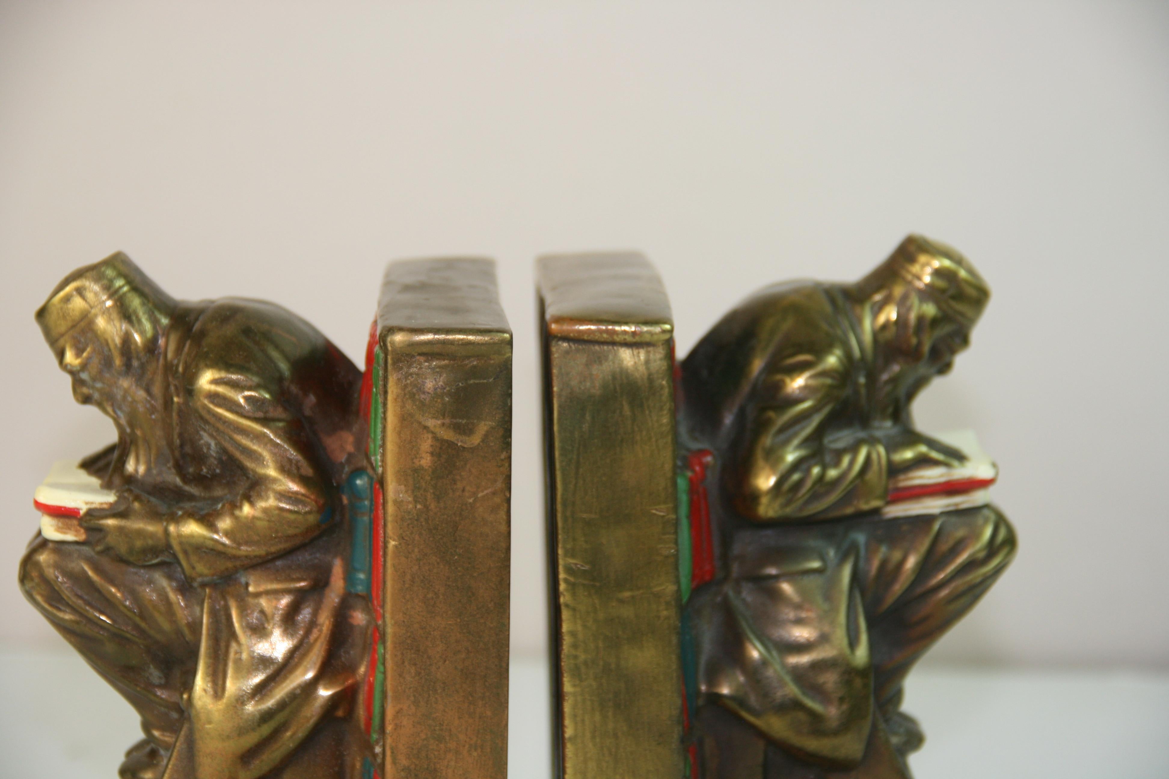 Antique English Hand Painted Brass Scholar Bookends For Sale 3