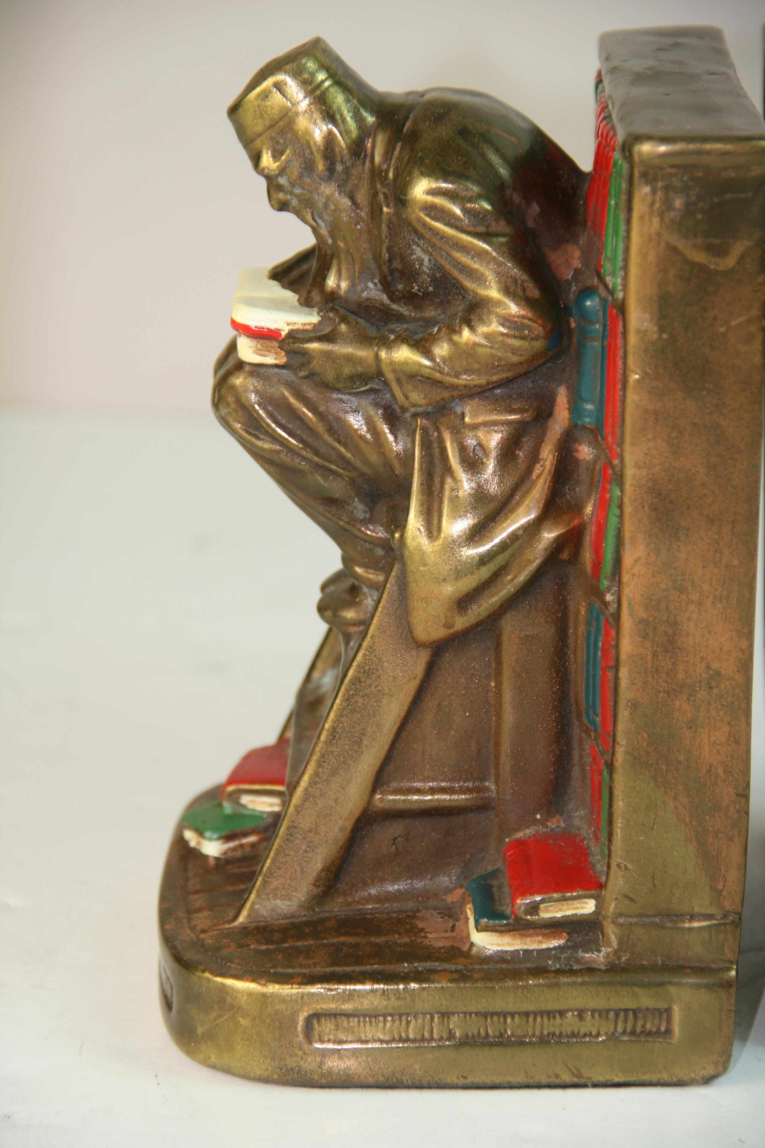 Antique English Hand Painted Brass Scholar Bookends For Sale 4