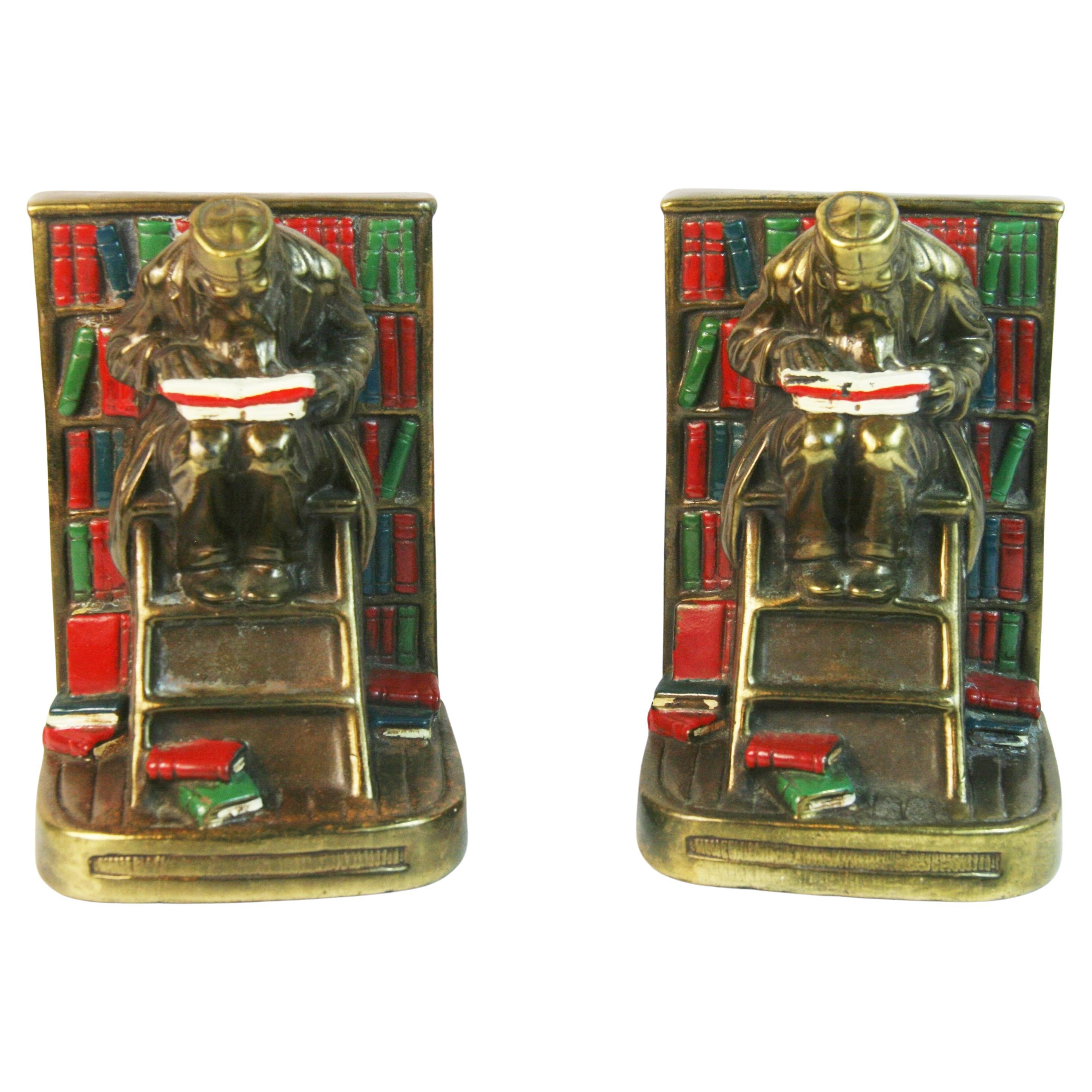 Antique English Hand Painted Brass Scholar Bookends For Sale