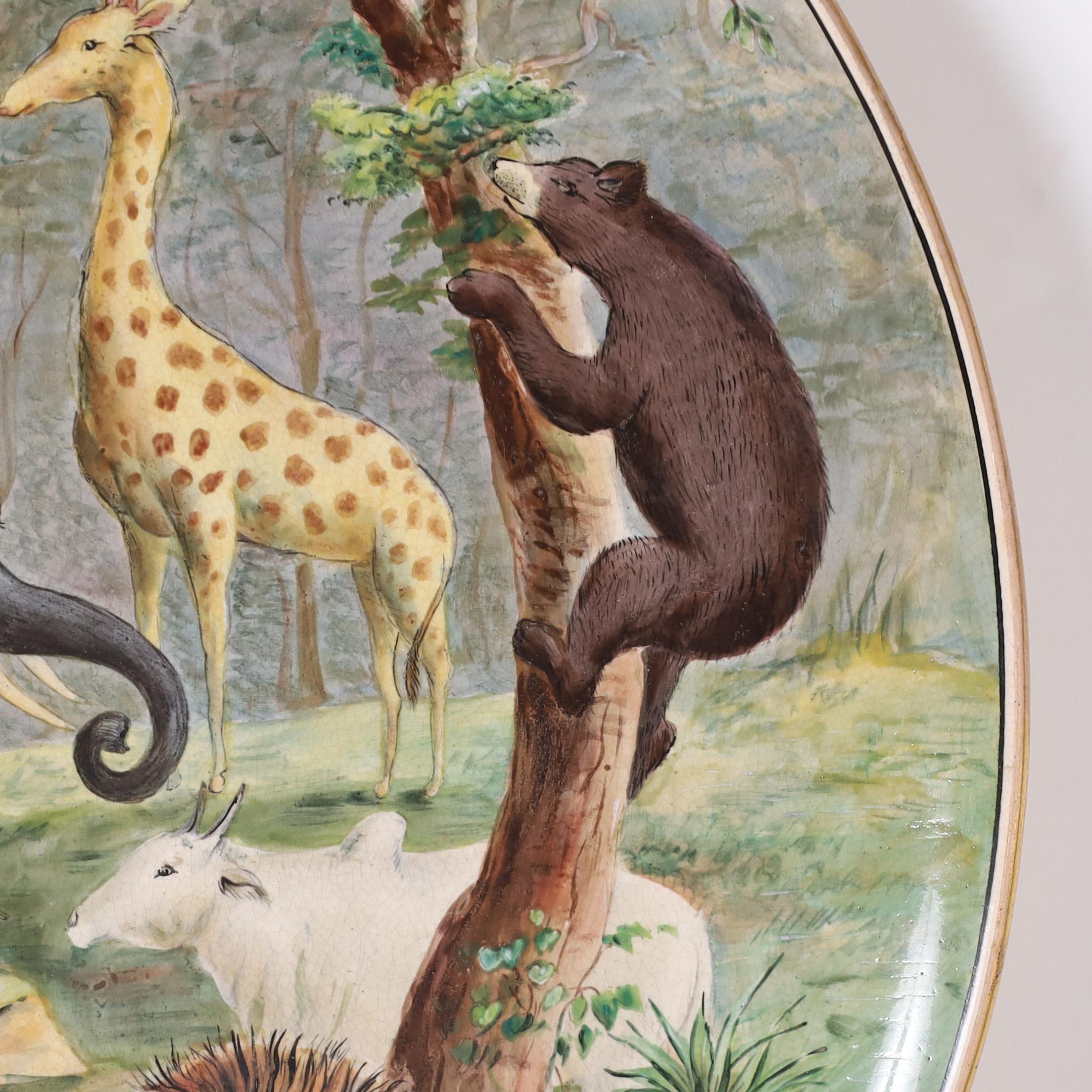 Victorian Antique English Hand Painted Charger with Animals For Sale