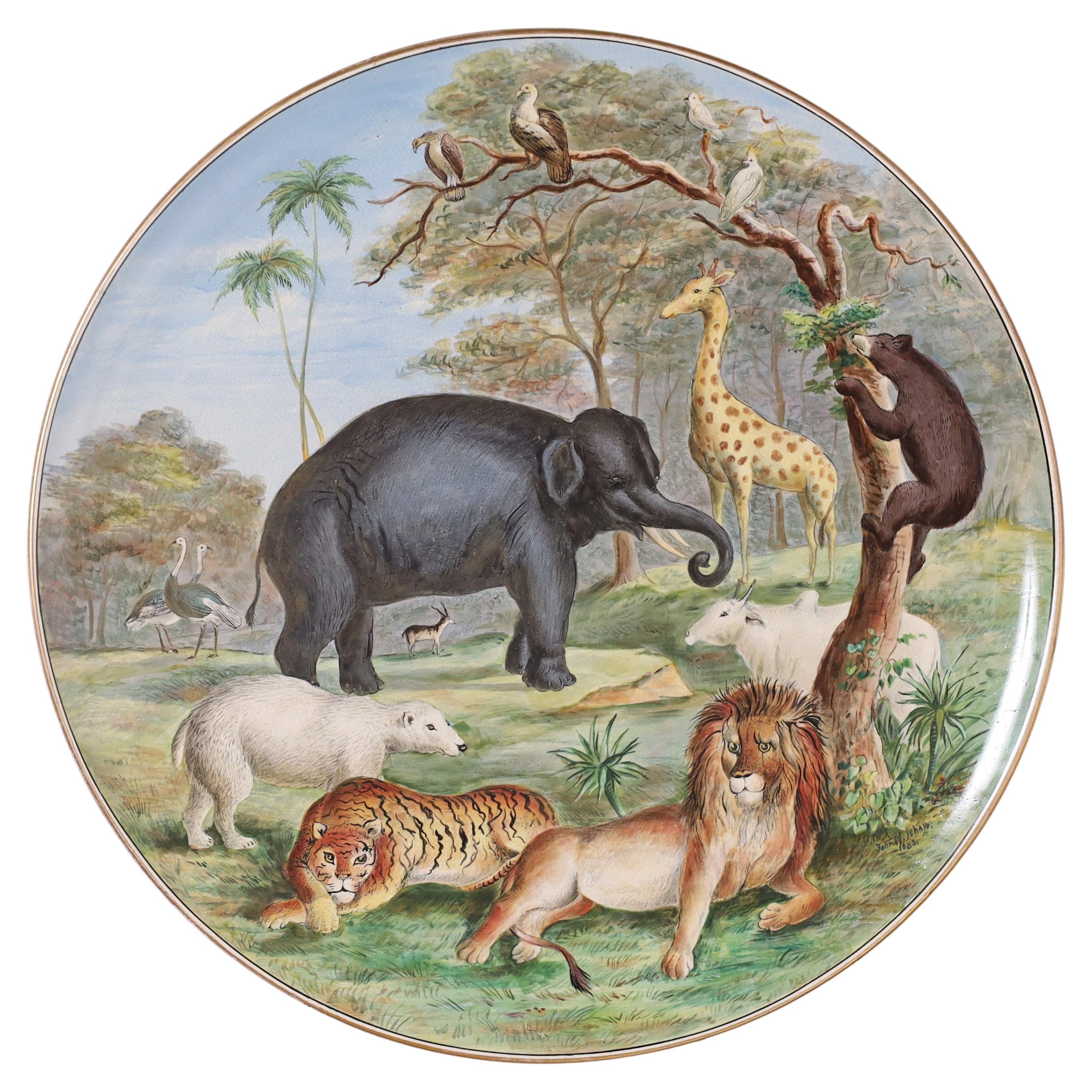 Antiker englischer handbemalter Platzteller mit Tieren im Angebot