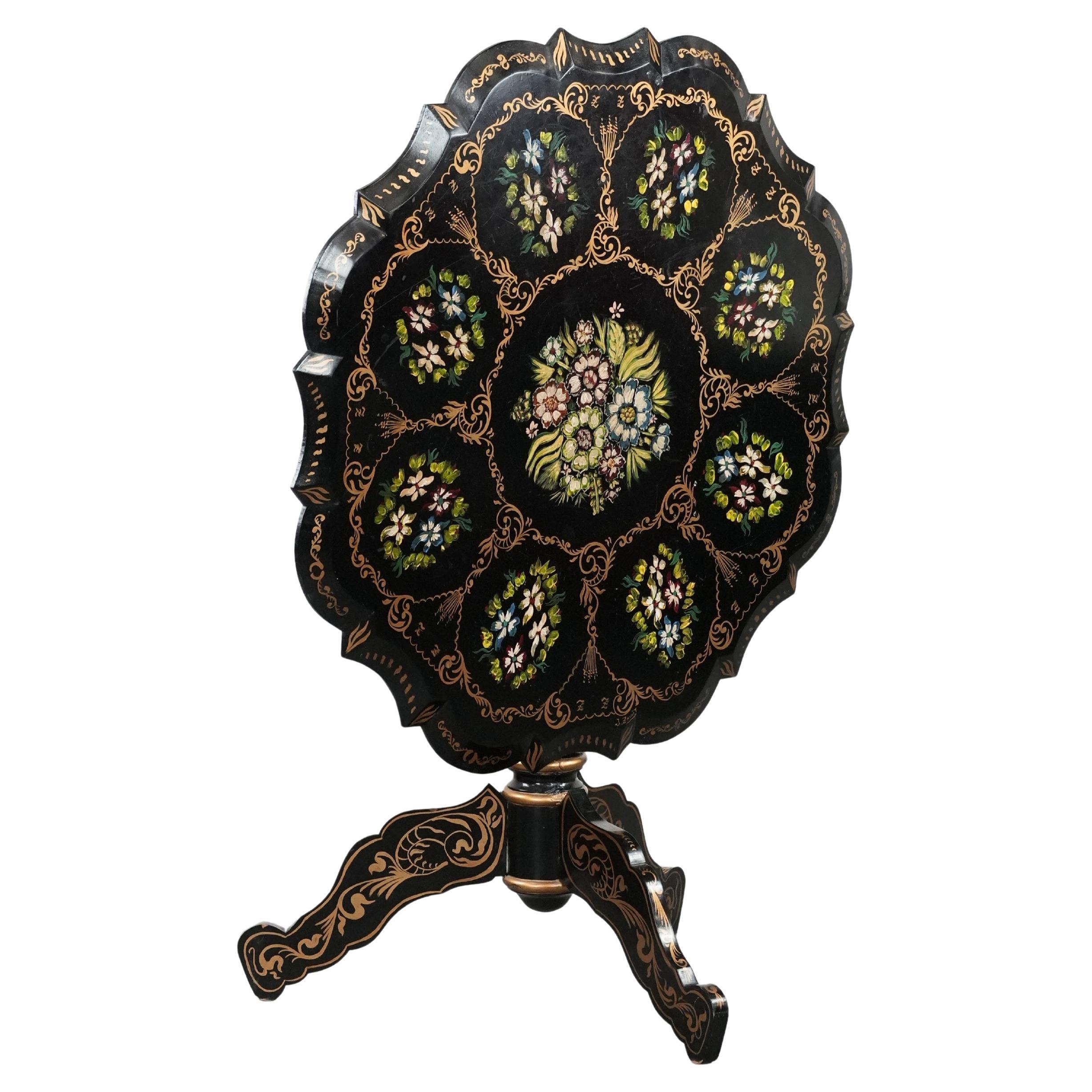 Antique English Hand Painted Floral Folding Table from the Late 19th Century For Sale