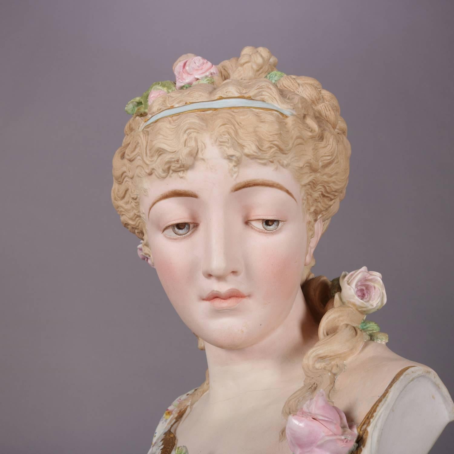 Antique English hand-painted and gilt Chelsea bisque porcelain portrait bust of young woman with a dove, signed Paul Duboy, blue maker mark on base, 19th century

Measures: 21