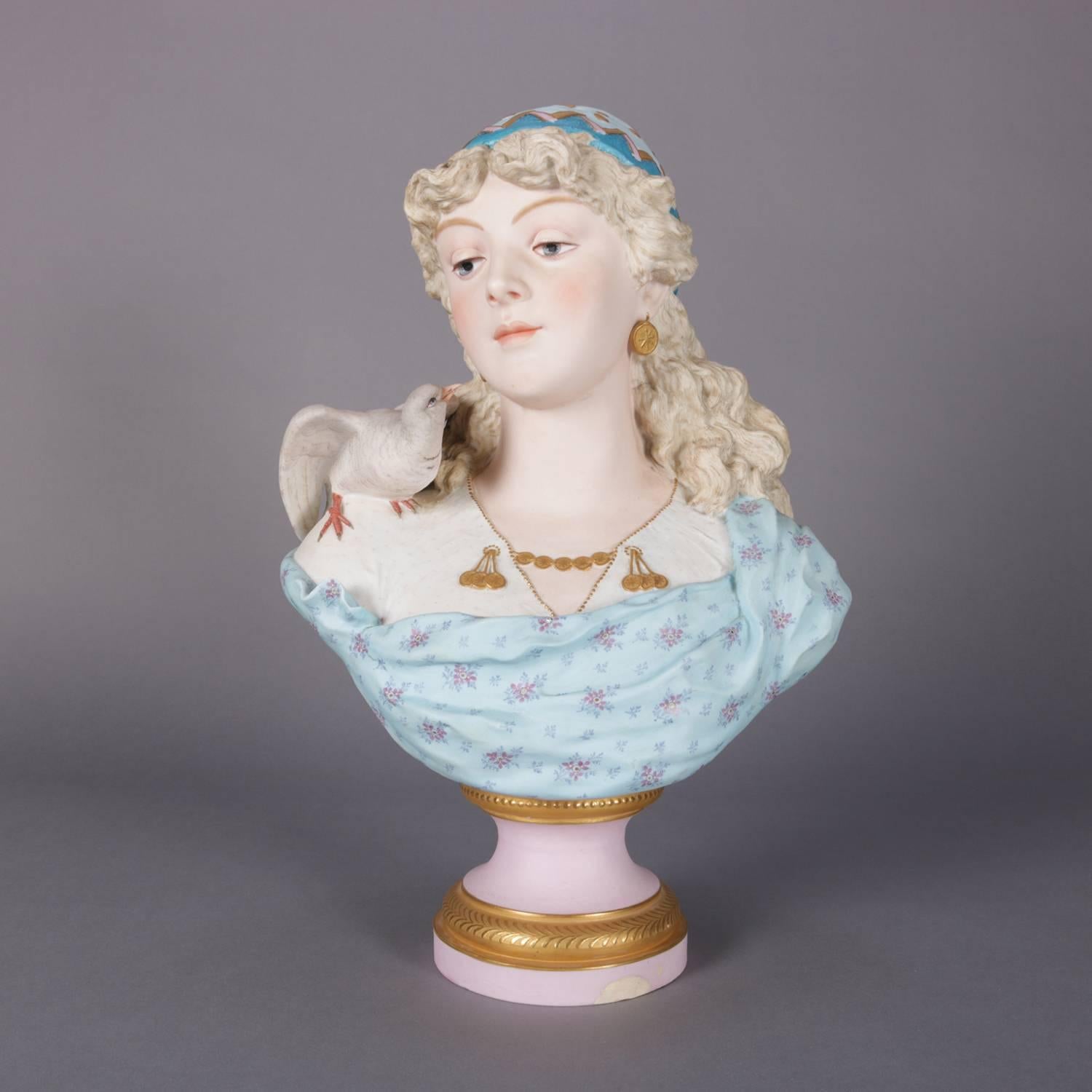 Anglais Ancien buste portrait anglais en porcelaine biscuit de Chelsea, peint à la main et doré