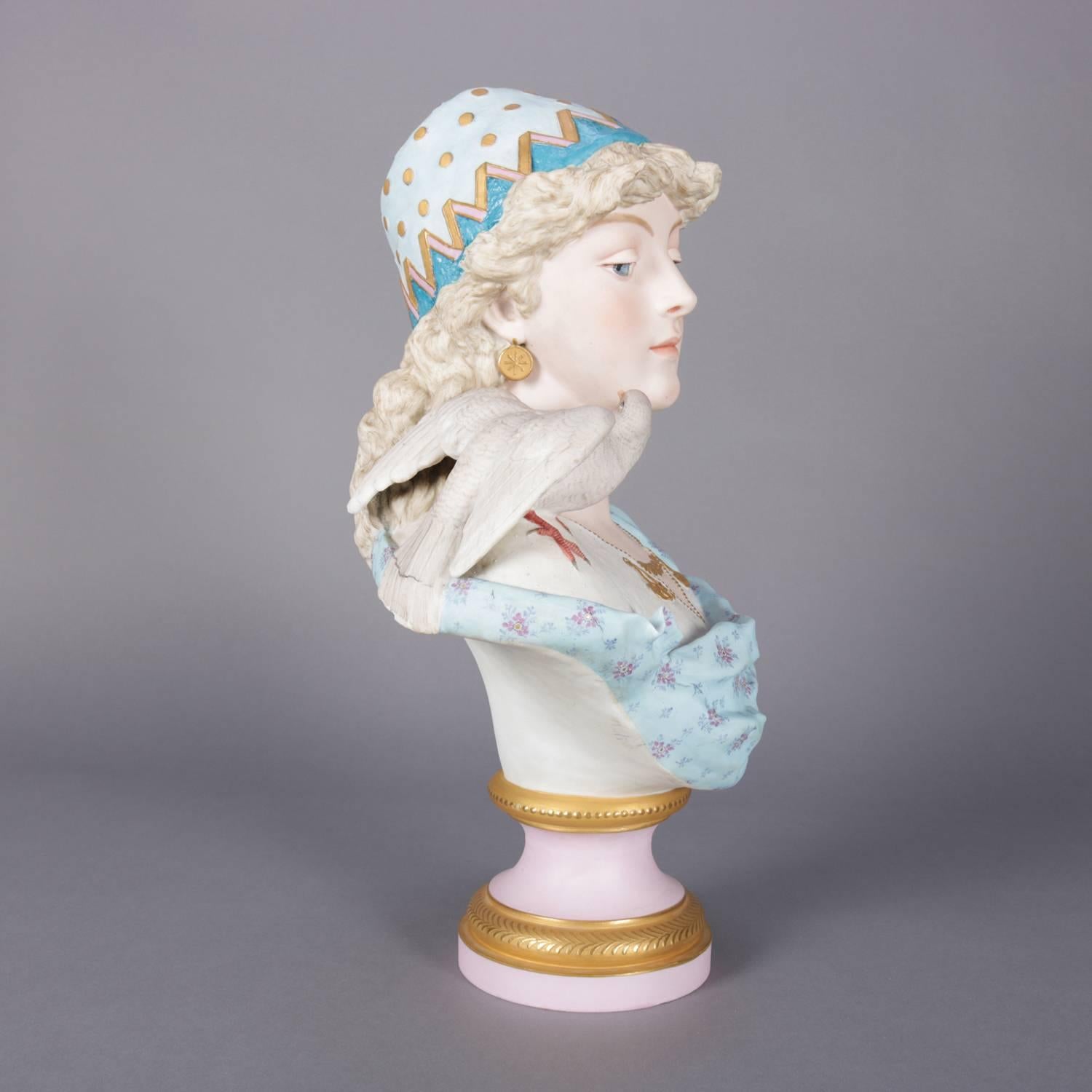 Doré Ancien buste portrait anglais en porcelaine biscuit de Chelsea, peint à la main et doré