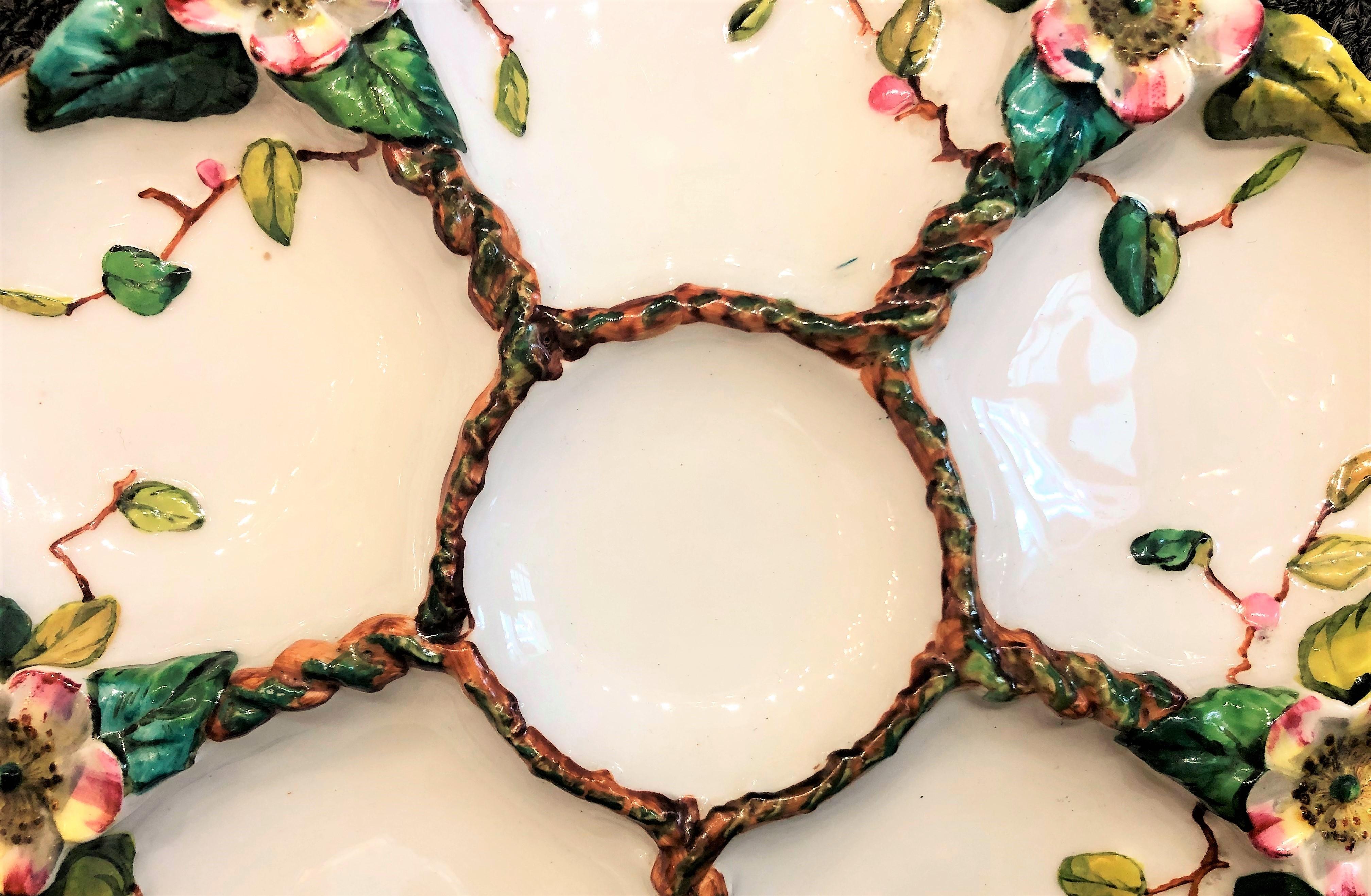 Antique English Hand-Painted Majolica Porcelain Oyster Plate, Circa 1900-1910.