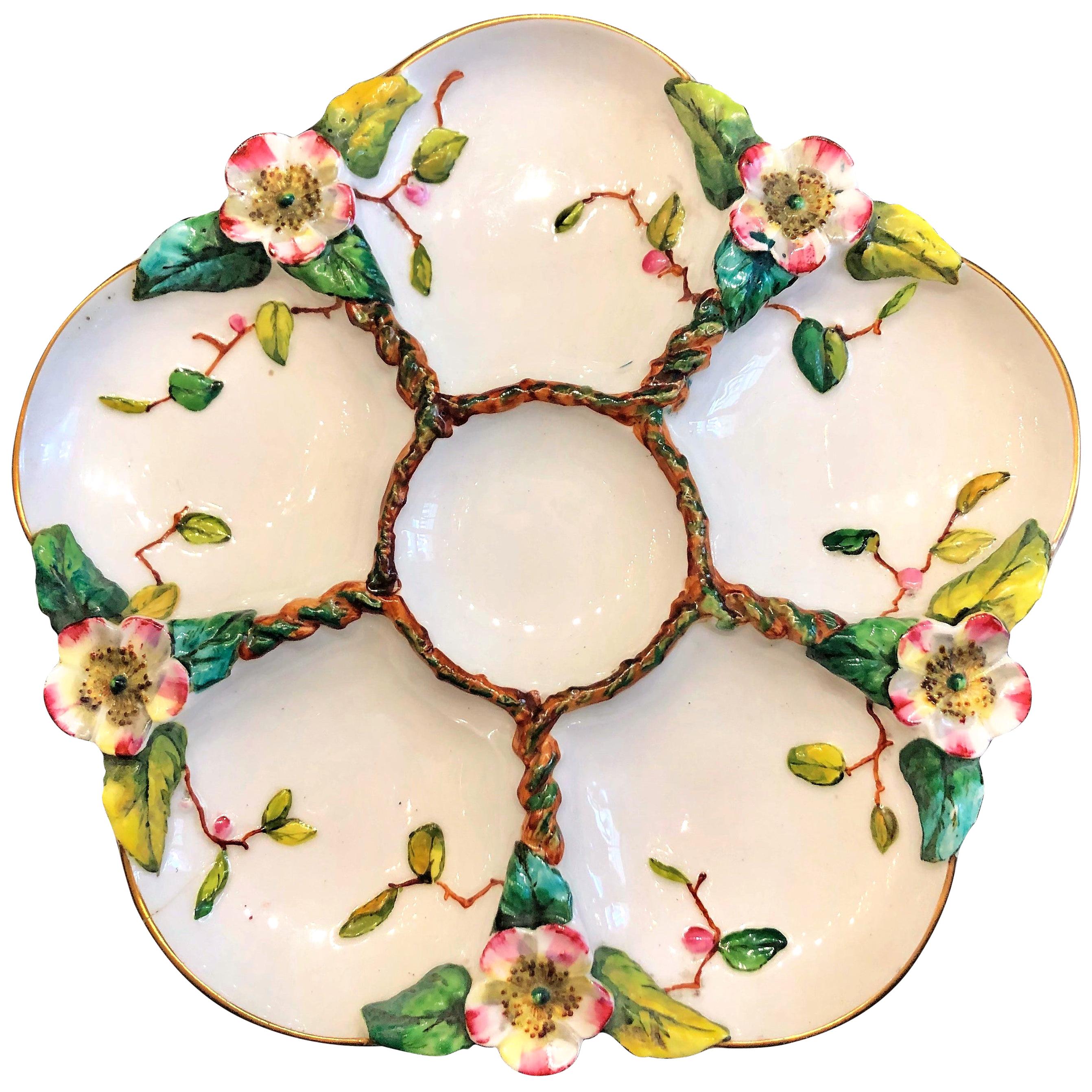 Antique English Hand Painted Majolica Porcelain Oyster Plate, circa 1900-1910.